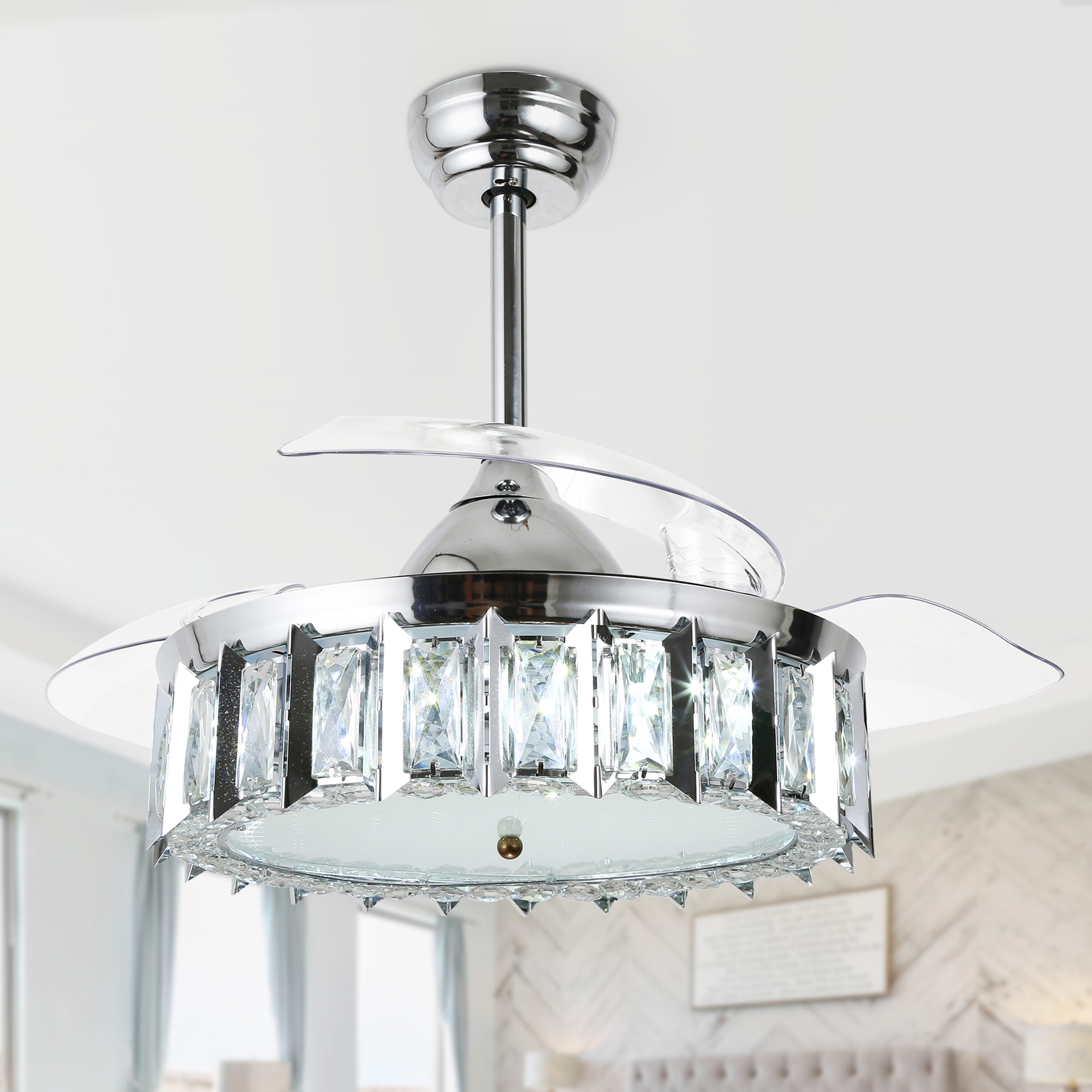 Oaks Decor BD4256-C Voitto 42-in Color-Changing Integrated LED Chrome with Clear Blades Fandelier Ceiling Fan With Light - Remote Included ( 3 -Blade )