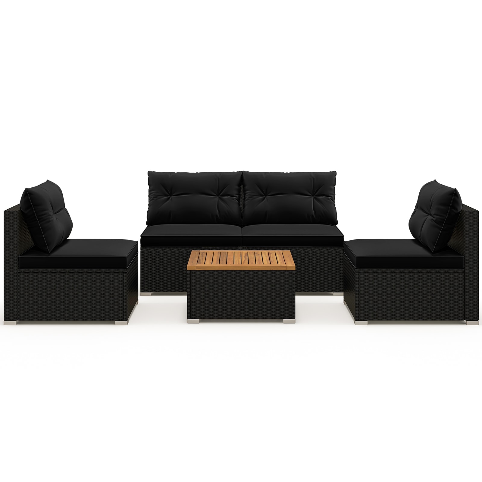 Slickblue - 5-Piece Black PE Rattan Outdoor Patio Set with Cushions and Acacia Wood Coffee Table ...