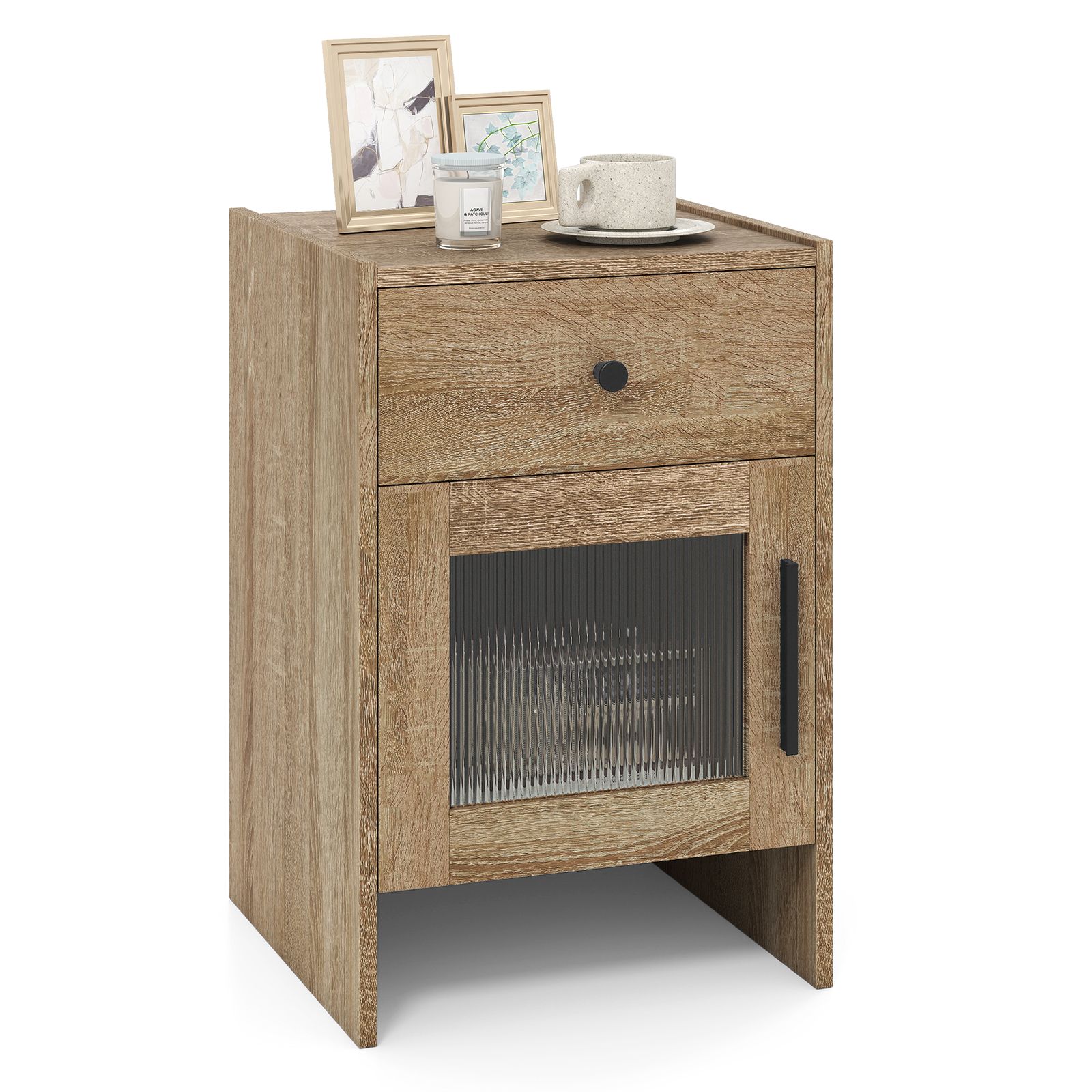 YOSIMFUR Farmhouse Nightstand with Drawer and Cabinet Rustic Wavy PC Sheet Door End Table with Metal Hardware Sturdy Wooden Bedside Table Versatile Storage Side Table for Bedroom Living Room Study