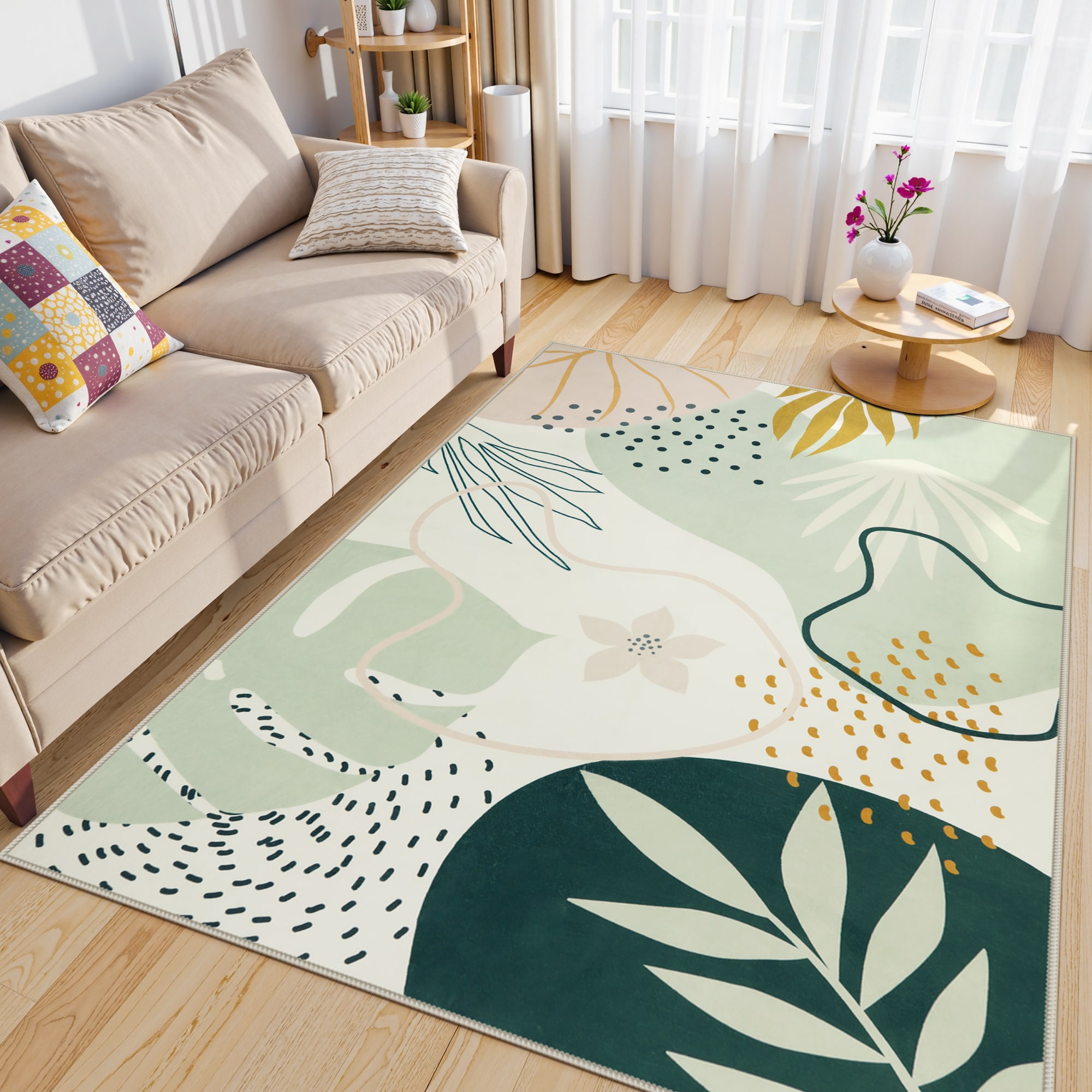 Lahome AR-FYR-061-G2 6x9(ft) Green Washable Area Rug Abstract Botanical Print Carpet Non Slip Ultra Thin Soft Area Rug