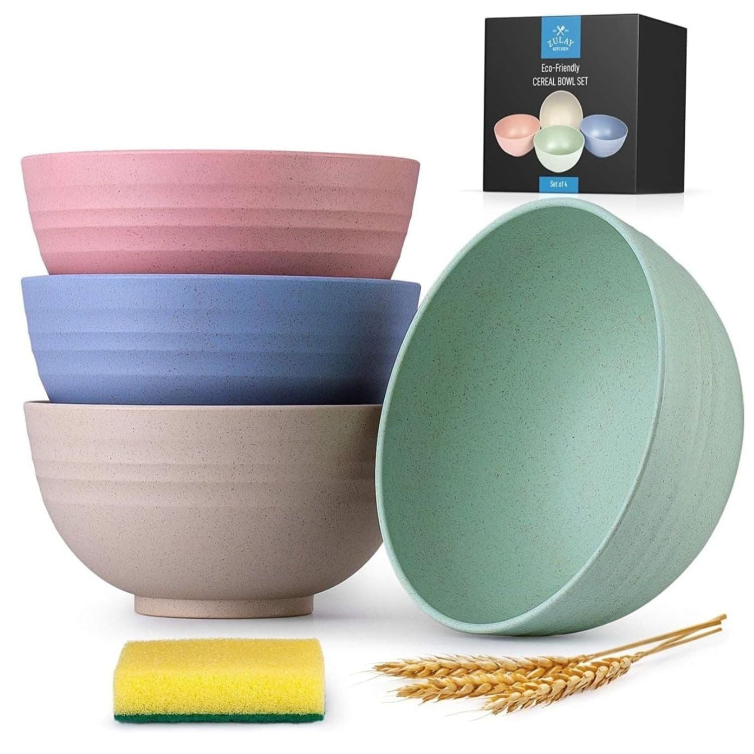 Zulay Kitchen 24 oz Wheat Straw Plastic Cereal Bowls Set of 4 Unbreakable Dishwasher and Microwave Safe Lightweight Bowls for Cereal Soup Snacks with Sponge