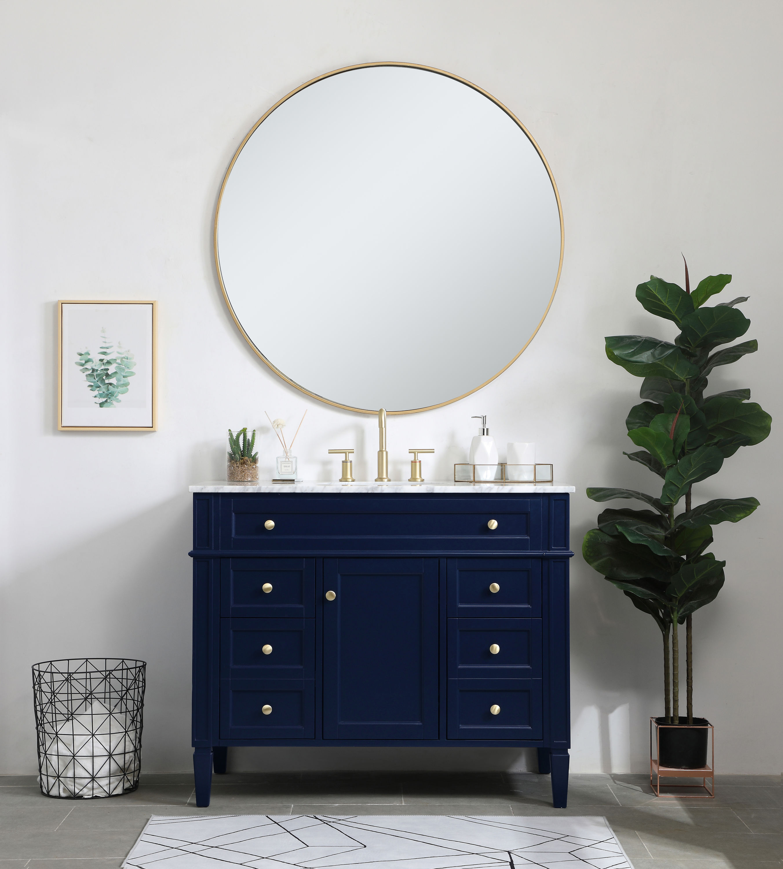 Blue Solid Wood MDF Marble Single Bathroom Vanity with Gold Hardware