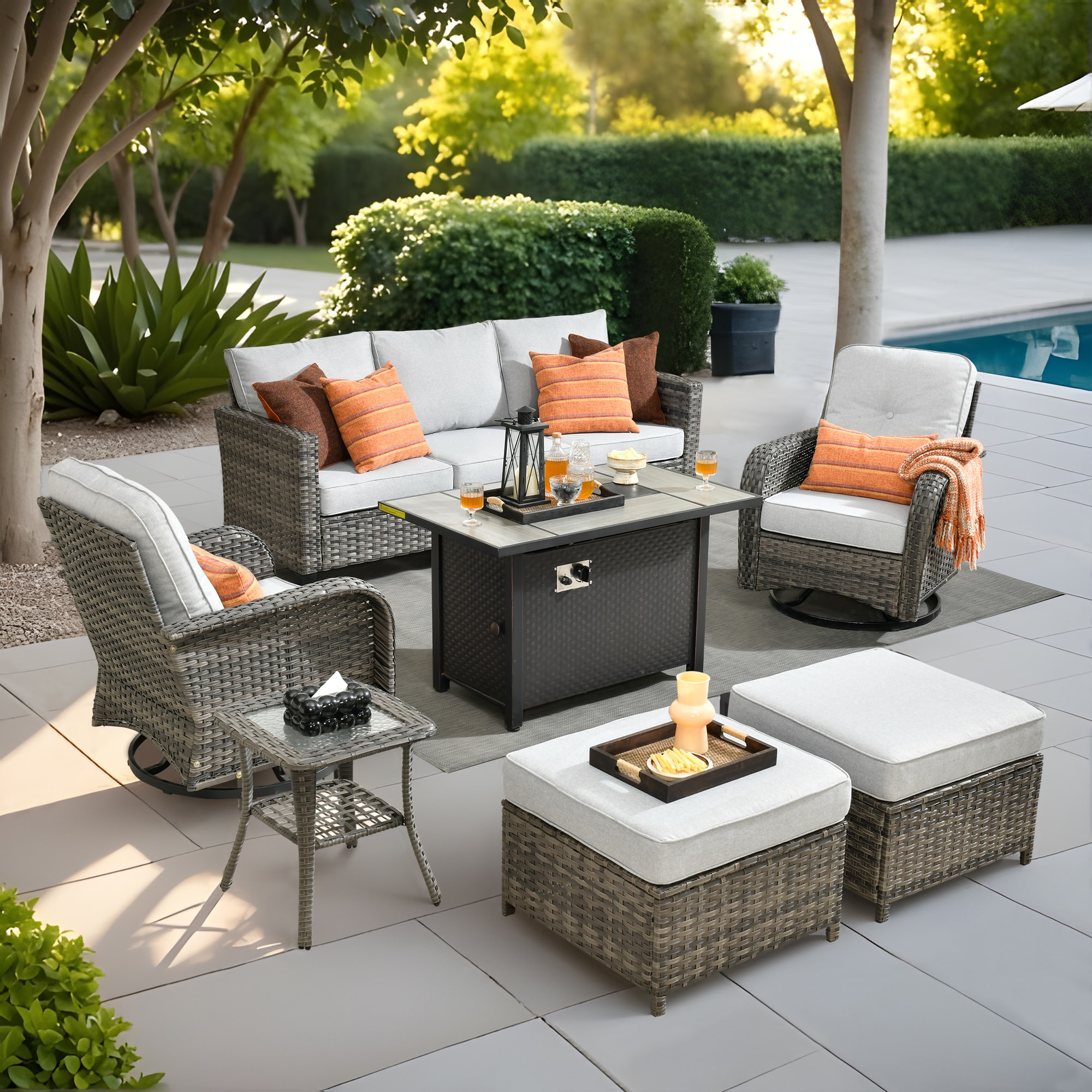 weaxty HMB03YZGNCRS7S71 Initial 7 -Piece Wicker Patio Sofa Conversation Set with Gray Cushions