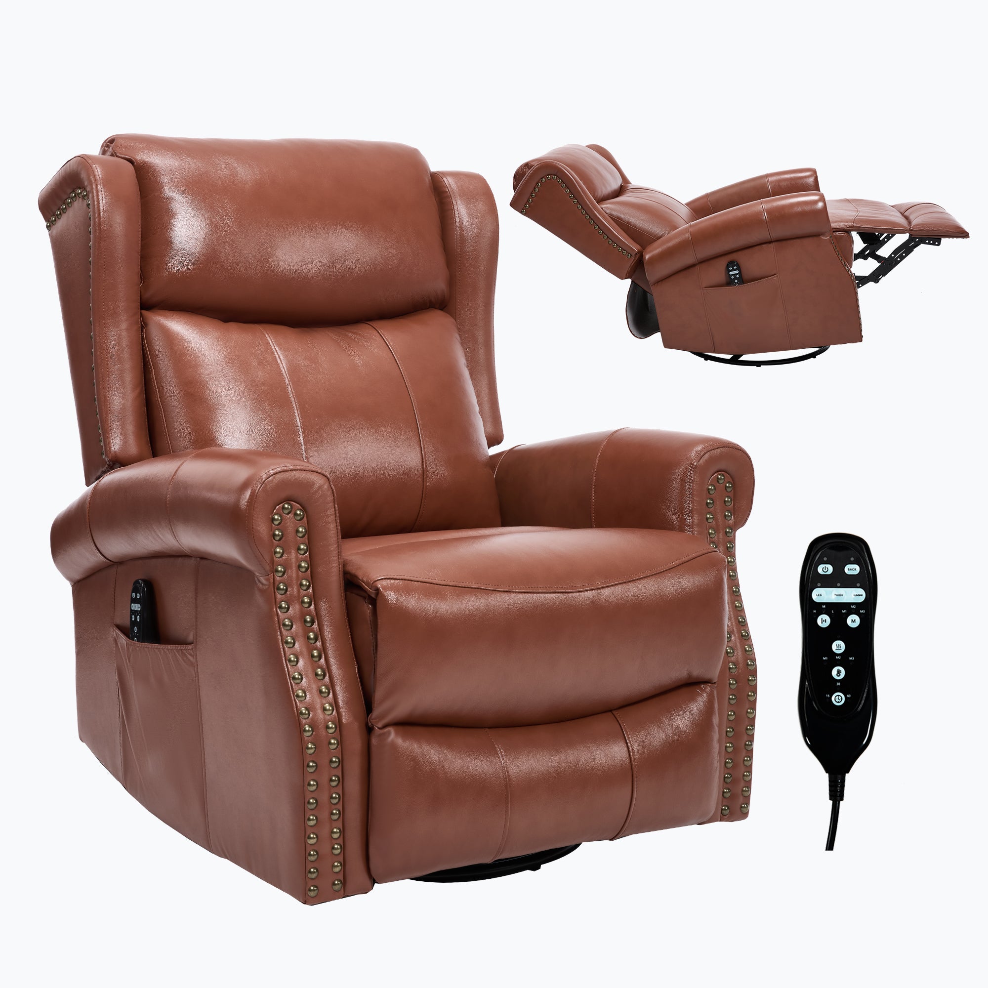 Boyel Living BL-CN463LRD Light Red Genuine leather Heat Massage Manual Recliner Chair with Rocker and Swivel for Living Room