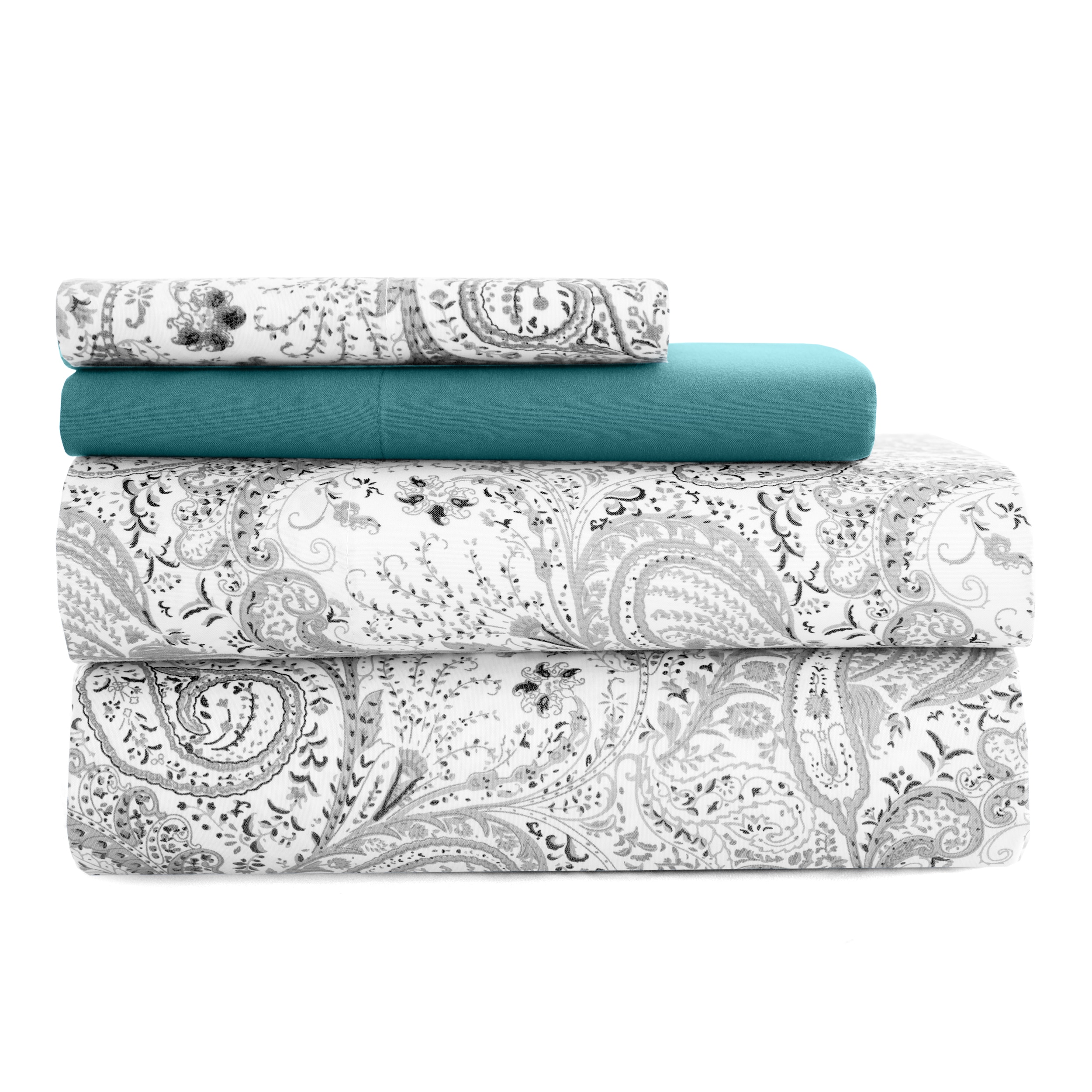 Lux Decor Collection 6 Piece Printed Bed Sheets Ultra Soft Breathable Deep Pocket Microfiber Sheets Set with Pillowcases #PAISLEY T XL WHT GRY