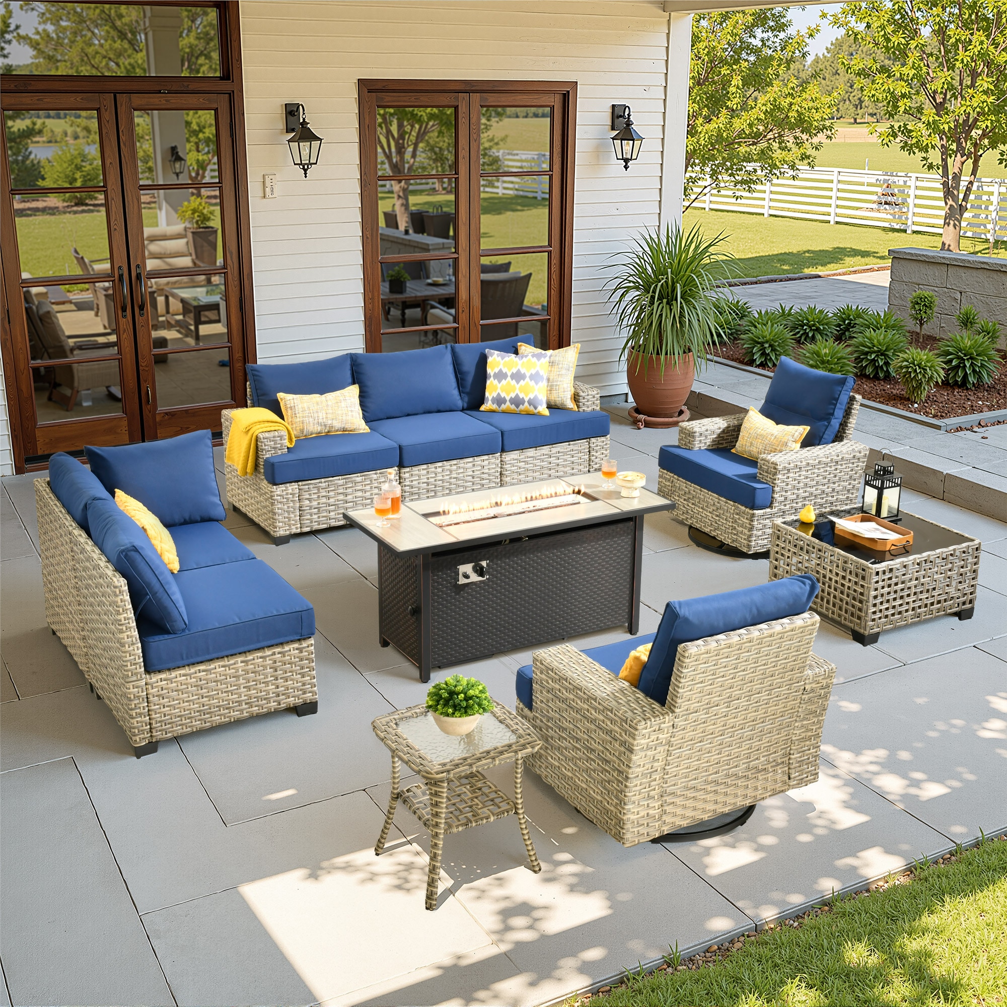 ALTRIGUS 6LCFP8503YZTBS710AL 10 -Piece Wicker Patio Sofa Conversation Set with Navy Cushions
