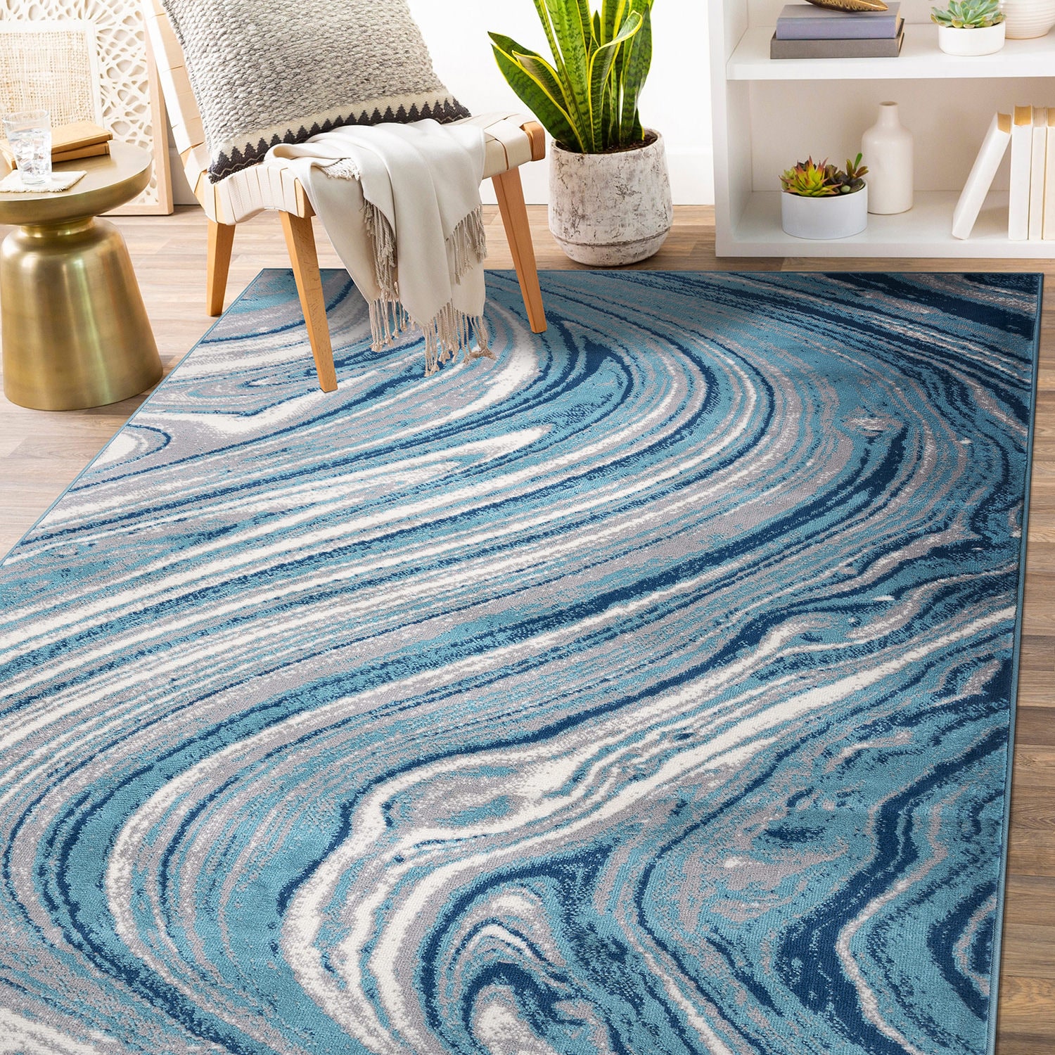 World Rug Gallery 2101BLUE5X7 5 x 7 (ft) Loomed Polypropylene Blue Rectangular Indoor Distressed/Overdyed Area rug