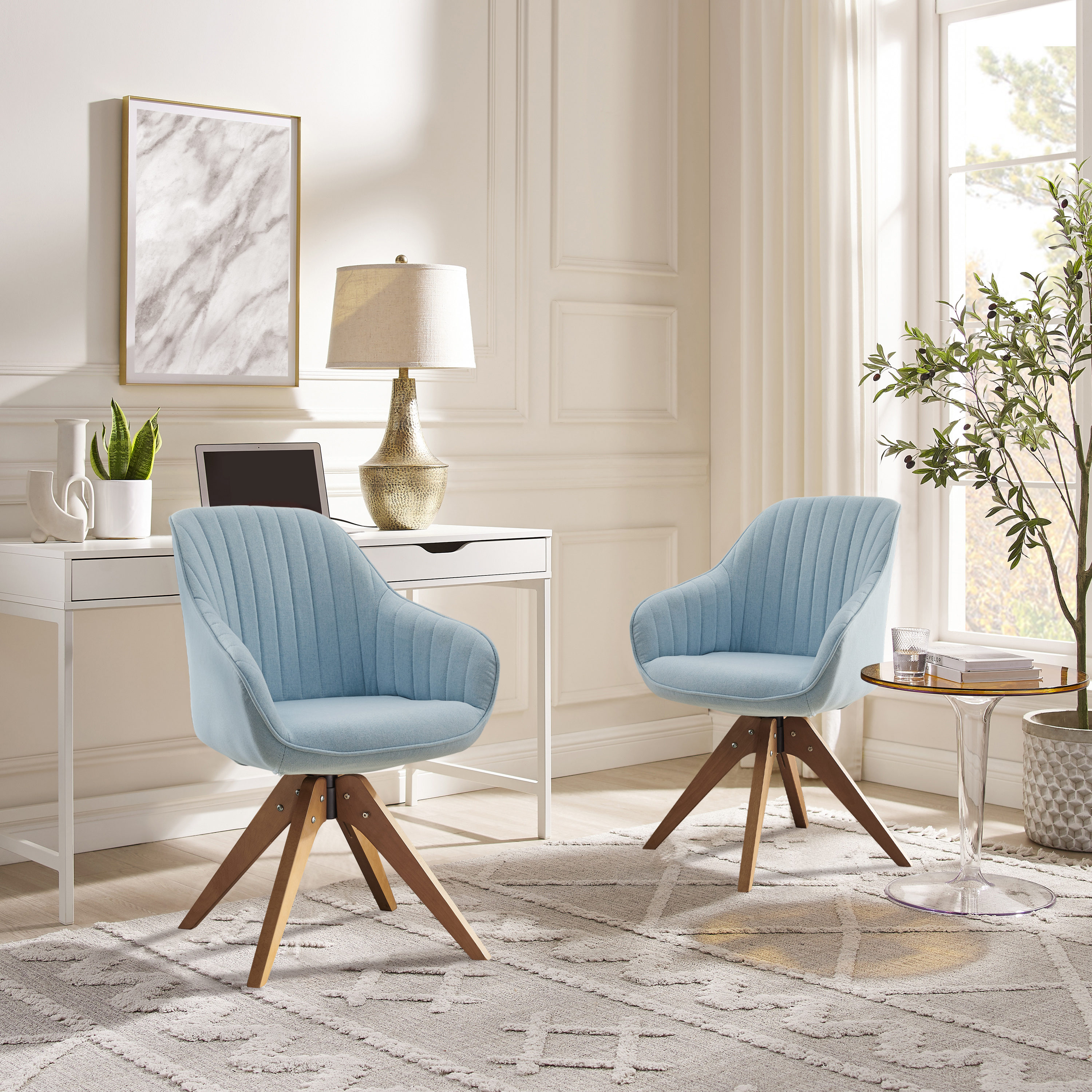 Mid-Century Light Blue Swivel Accent Chair with Beech Wood Legs