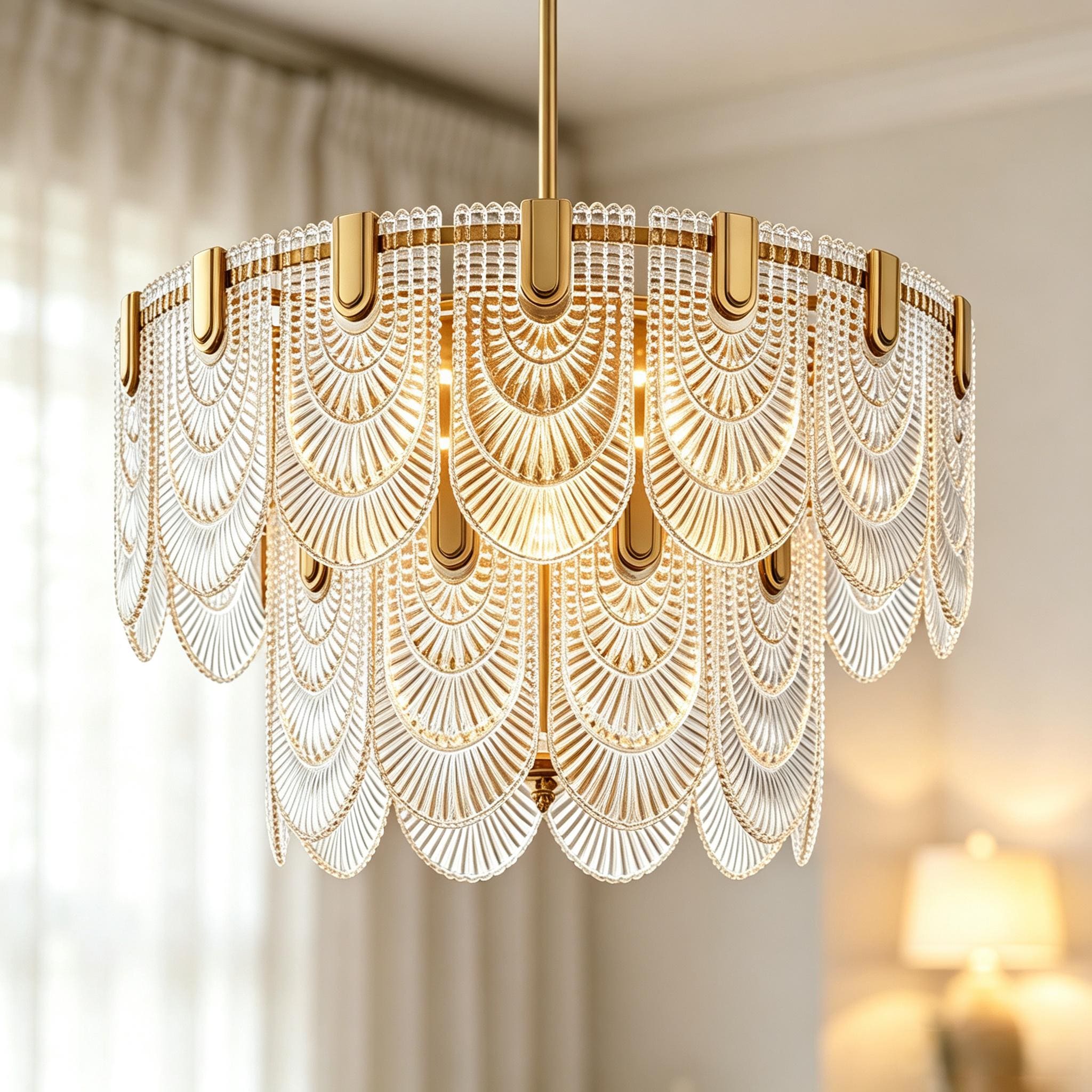 Rennnsan Carter 23.6-in Layered Glass Panels 9 -Light Brass Metal Chandelier