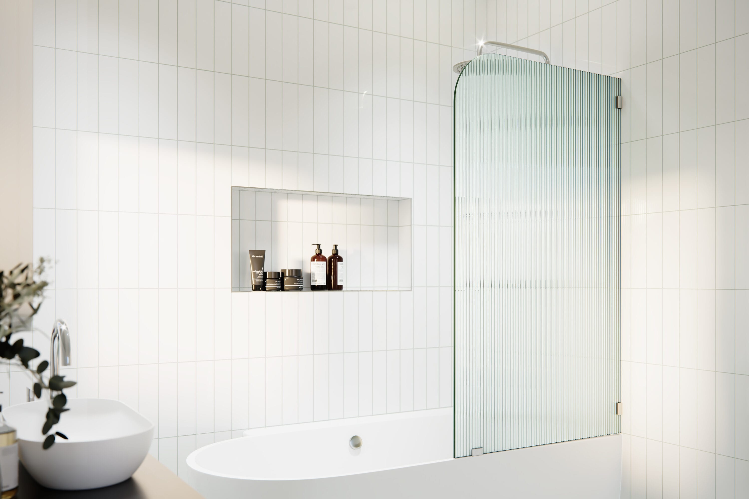 Glass Warehouse B-FL-RAD-34-R-CH Chrome 34-in W x 58.25-in H Frameless Fixed Bathtub door 3/8-in Thick Fluted Glass