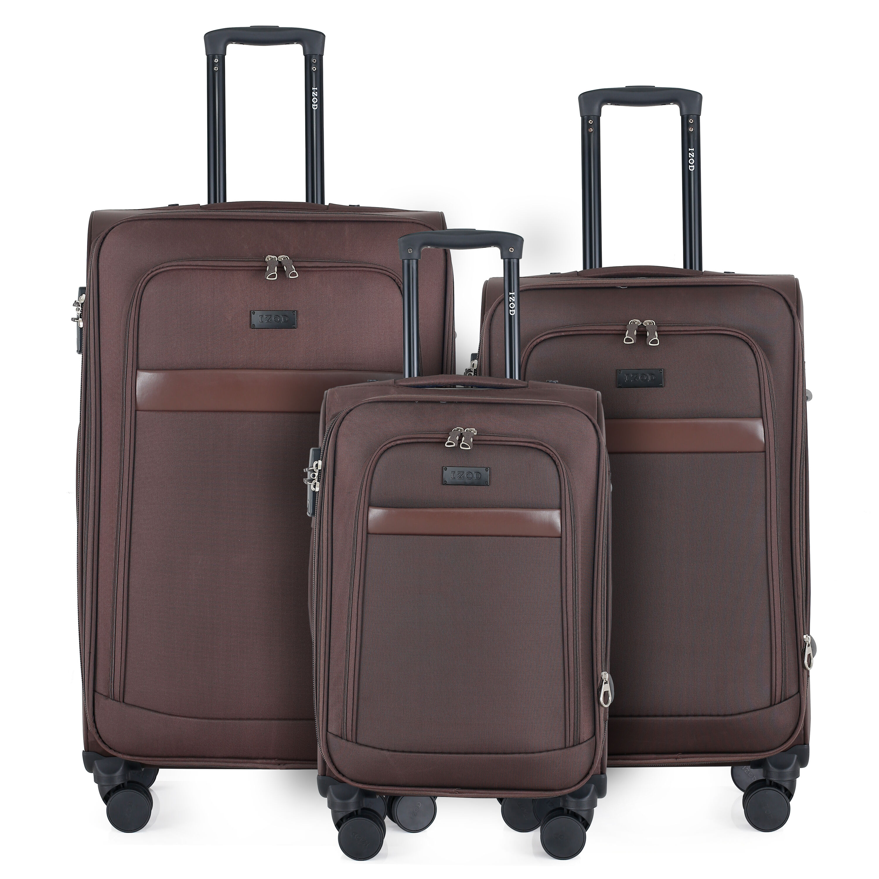 IZOD Noah 3 Piece Soft Shell Lightweight Expandable Luggage Set with Spinner Wheels and Combination Lock 20 in 24 in 28 in Brown
