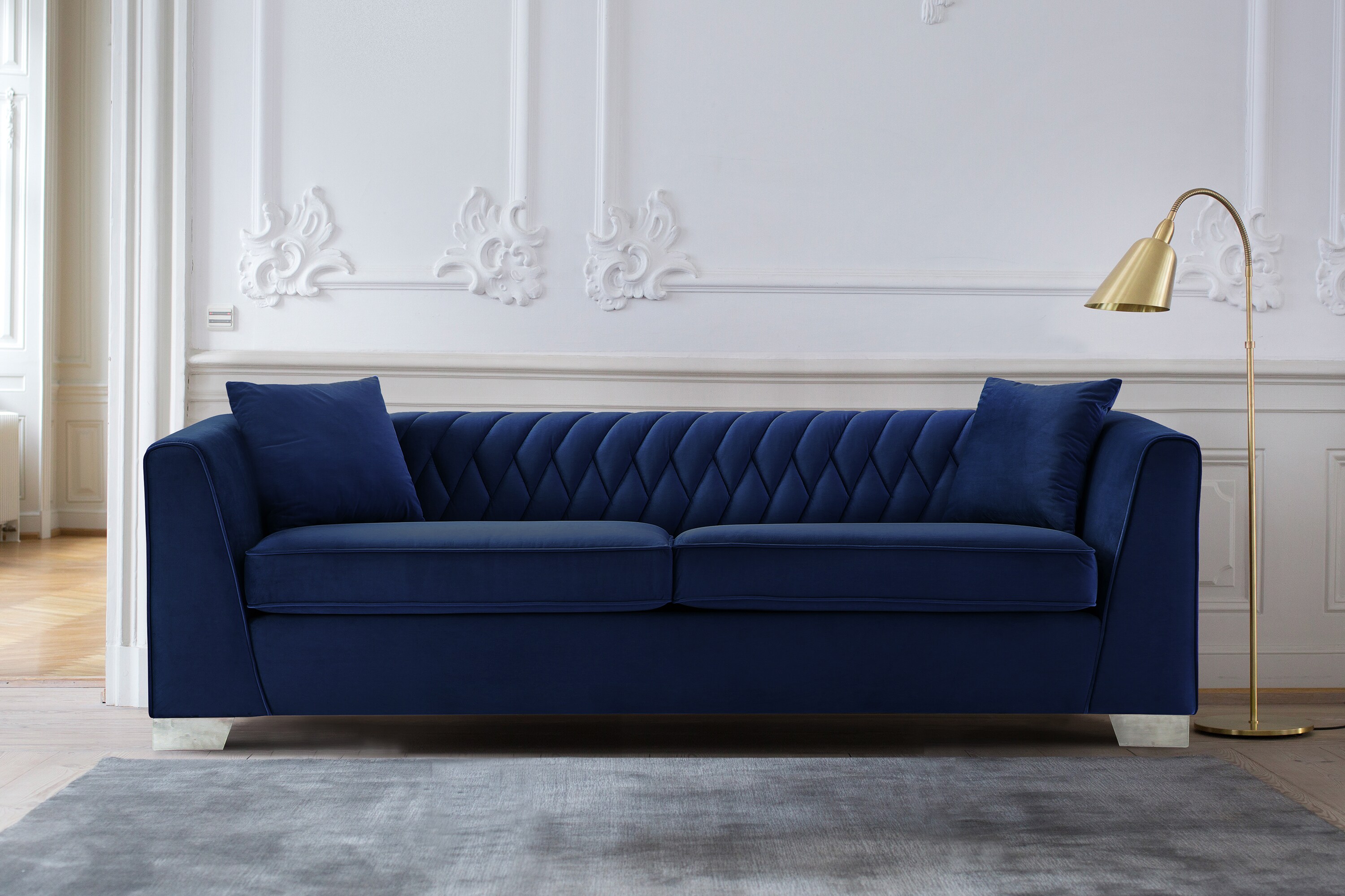Cambridge 90.5'' Blue Velvet Contemporary Stationary Sofa