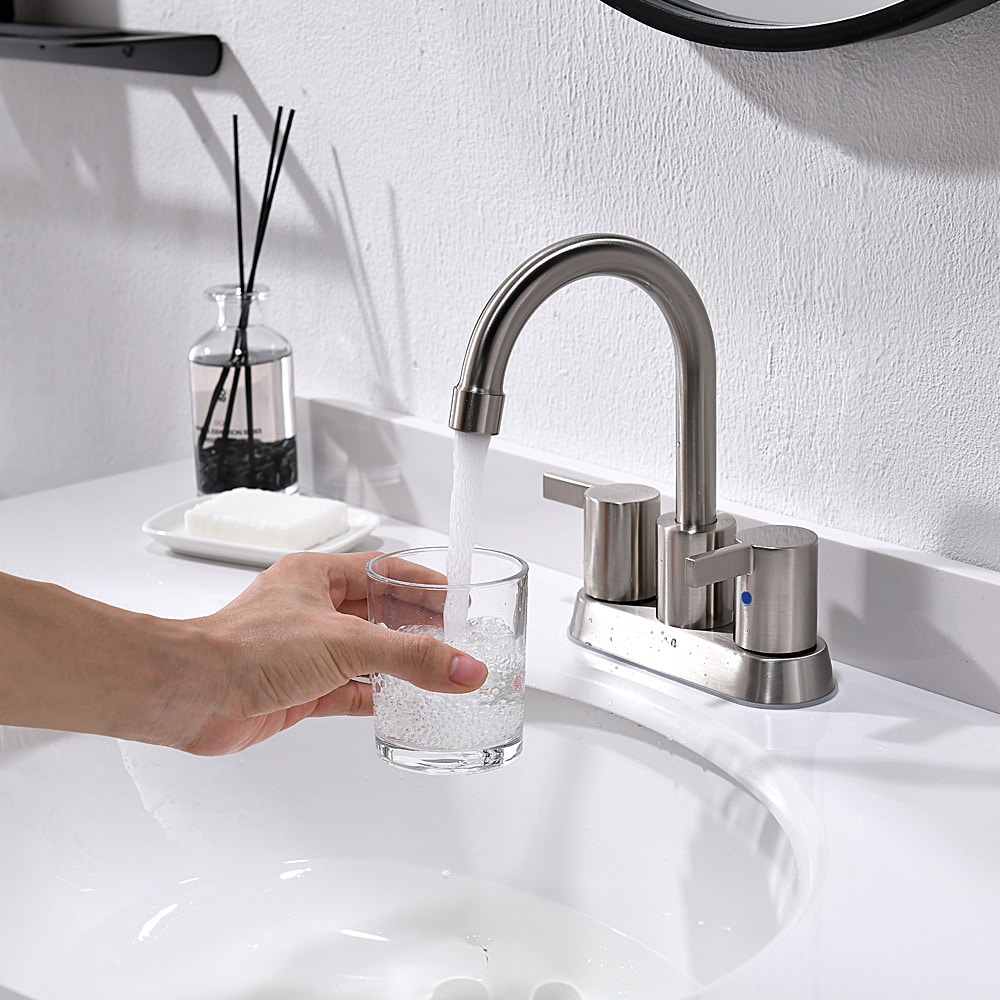 Brushed Nickel High-Arc 2-Handle Bathroom Sink Faucet with Drain