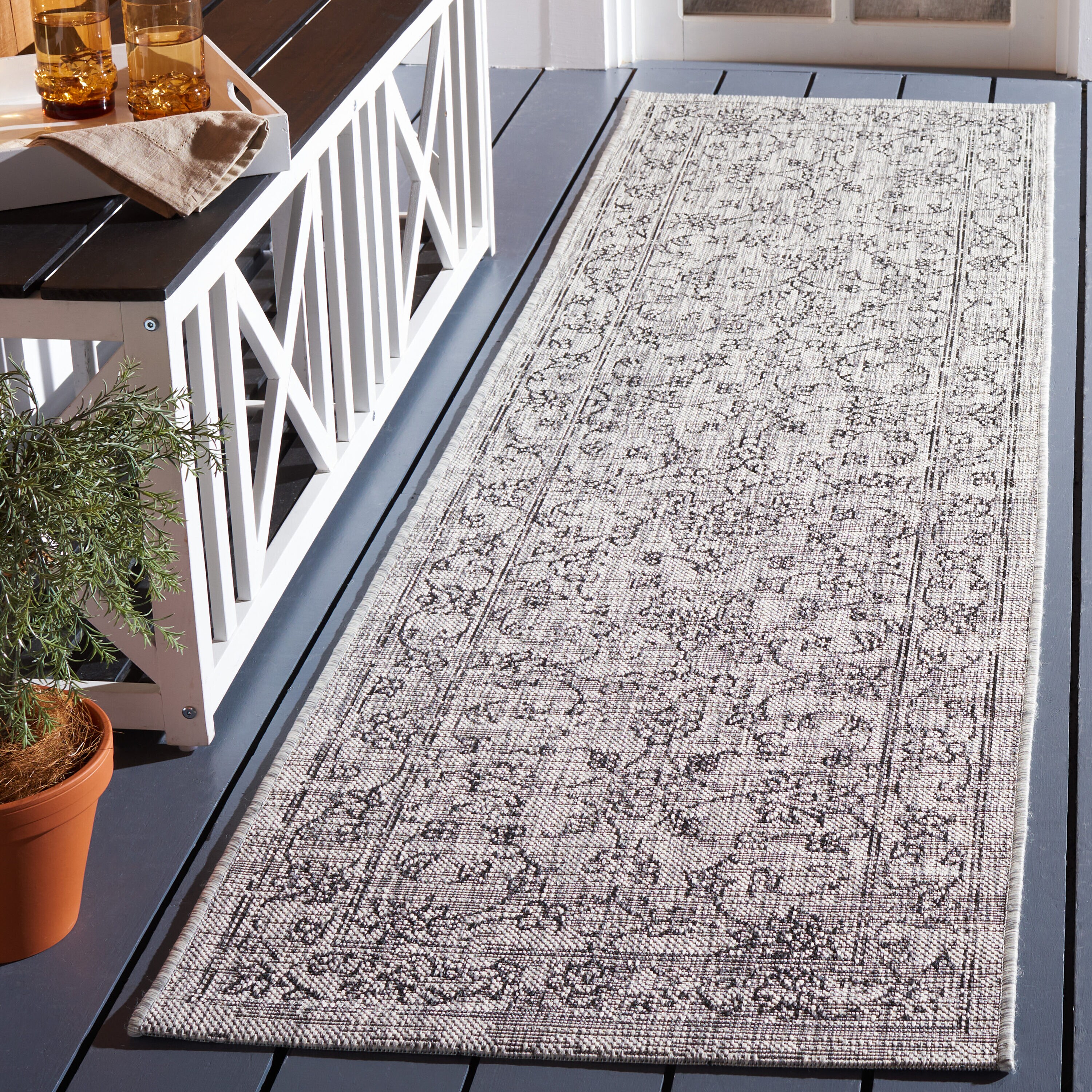 Safavieh CY8680-37612-28 Courtyard 2 x 8 (ft) Loomed Synthetic Gray/Black Rectangular Indoor/Outdoor Floral Tropical Runner rug
