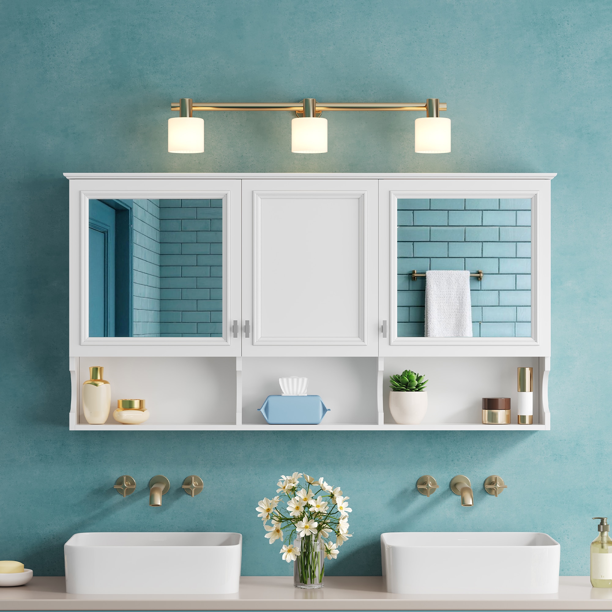 Vynxaria 55-in x 28.7-in Wall Mounted 3 Door Mirrored Medicine Cabinet with Adjustable Shelf Open Storage and Soft Close Hinges