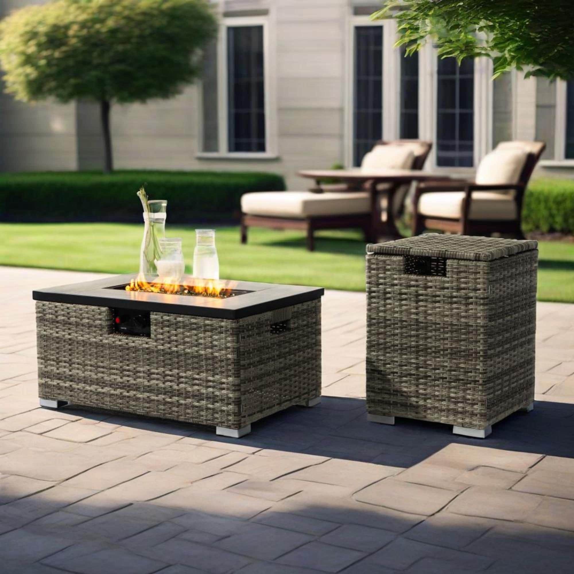 LOVMOR SF-WO-W853P202196 32 inch Propane Gas Fire Pit Table with Propane Tank Cover 2 Pieces 50000 BTU Rectangular Steel Fire Pit Wicker Base for Outside Garden Beige