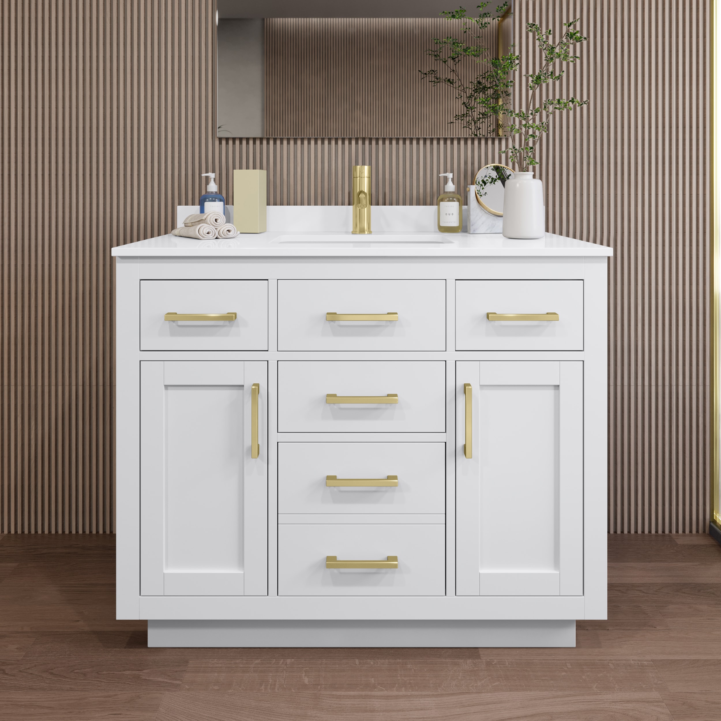 Wyndham Collection WCG262642SWGWQUNSMXX Beckett TK 42-in White with Brushed Gold Trim Undermount Single Sink Bathroom Vanity with White Quartz Quartz Top