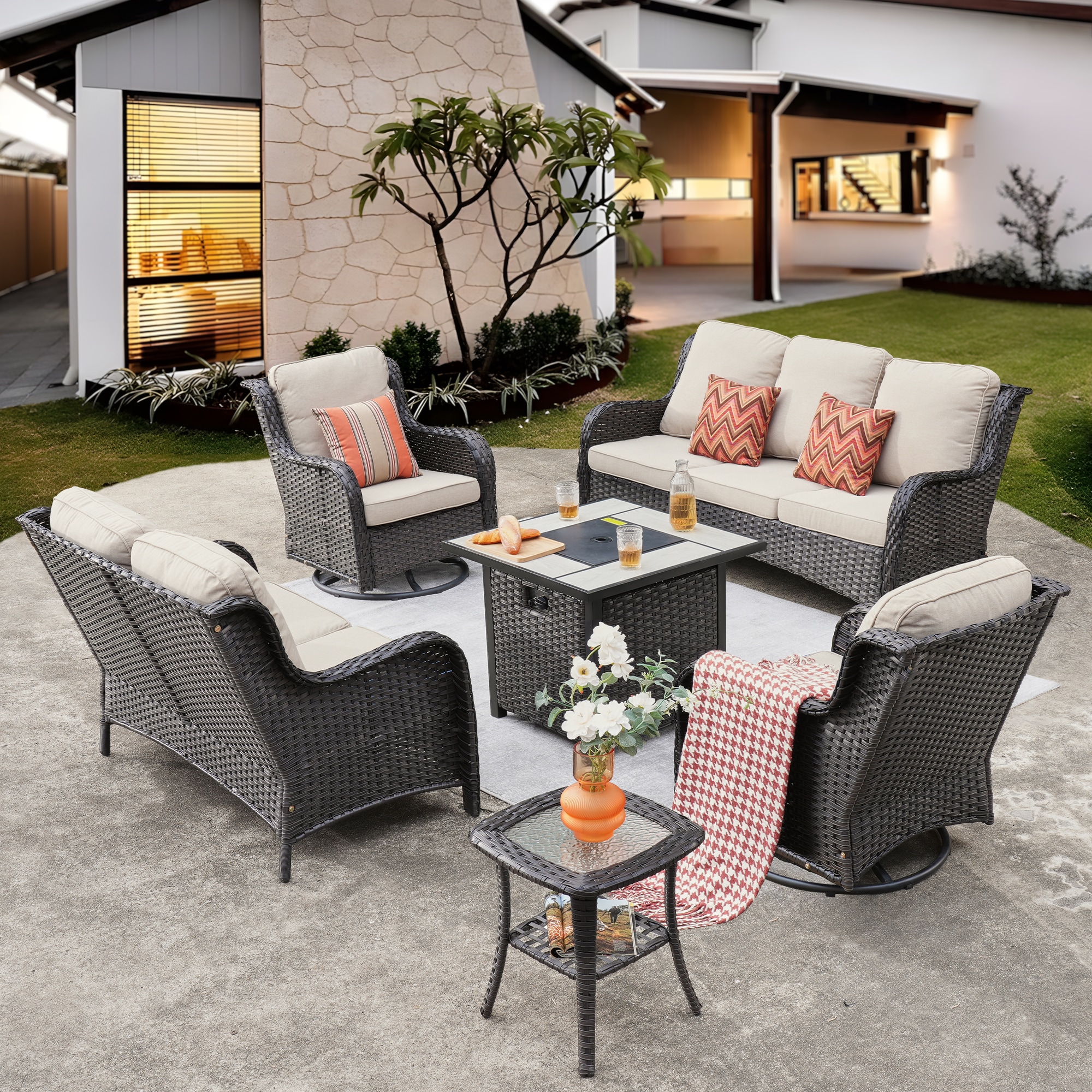 Ovios FPNTC6-6Y 6 -Piece Rattan Patio Sofa Conversation Set with Beige Cushions