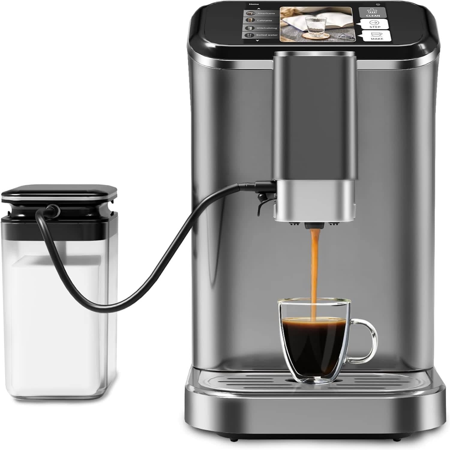 Qeetex LSHQQPHO-10E9HM9F Fully automatic espresso machine 20 bar coffee machine with milk frother steam wand built-in grinder 15 litre water tank one-touch control panel