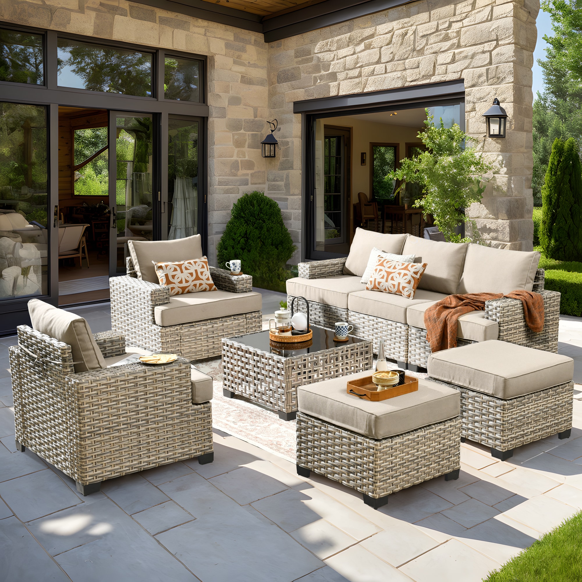 XIZZI XITBS6063B Agate 6 -Piece Rattan Patio Sofa Conversation Set with Off-white Cushions