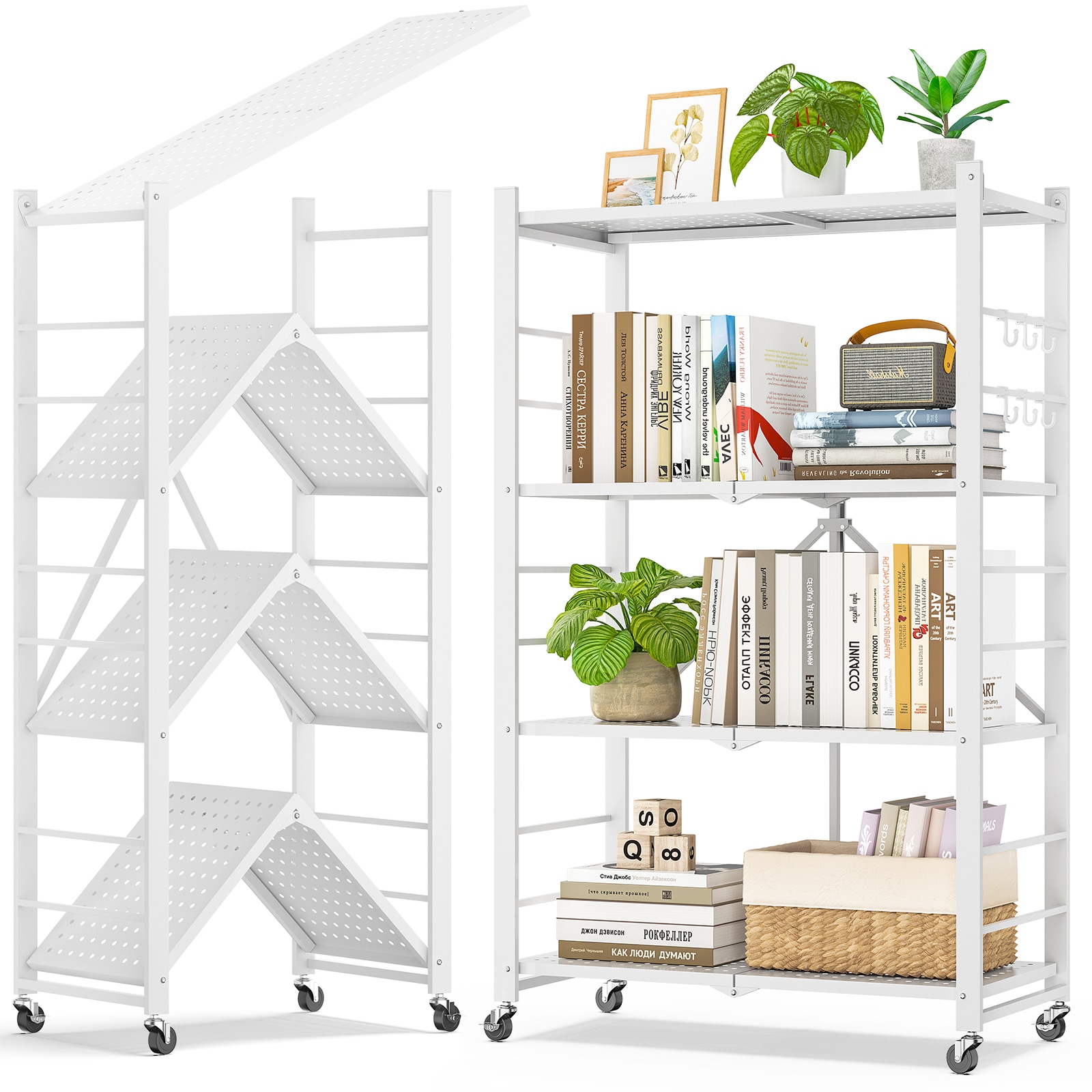 Fenbeli ZMMLSZ3015-4W 4-Tier Foldable Storage Shelves Metal Storage Rack with Wheels and Hooks