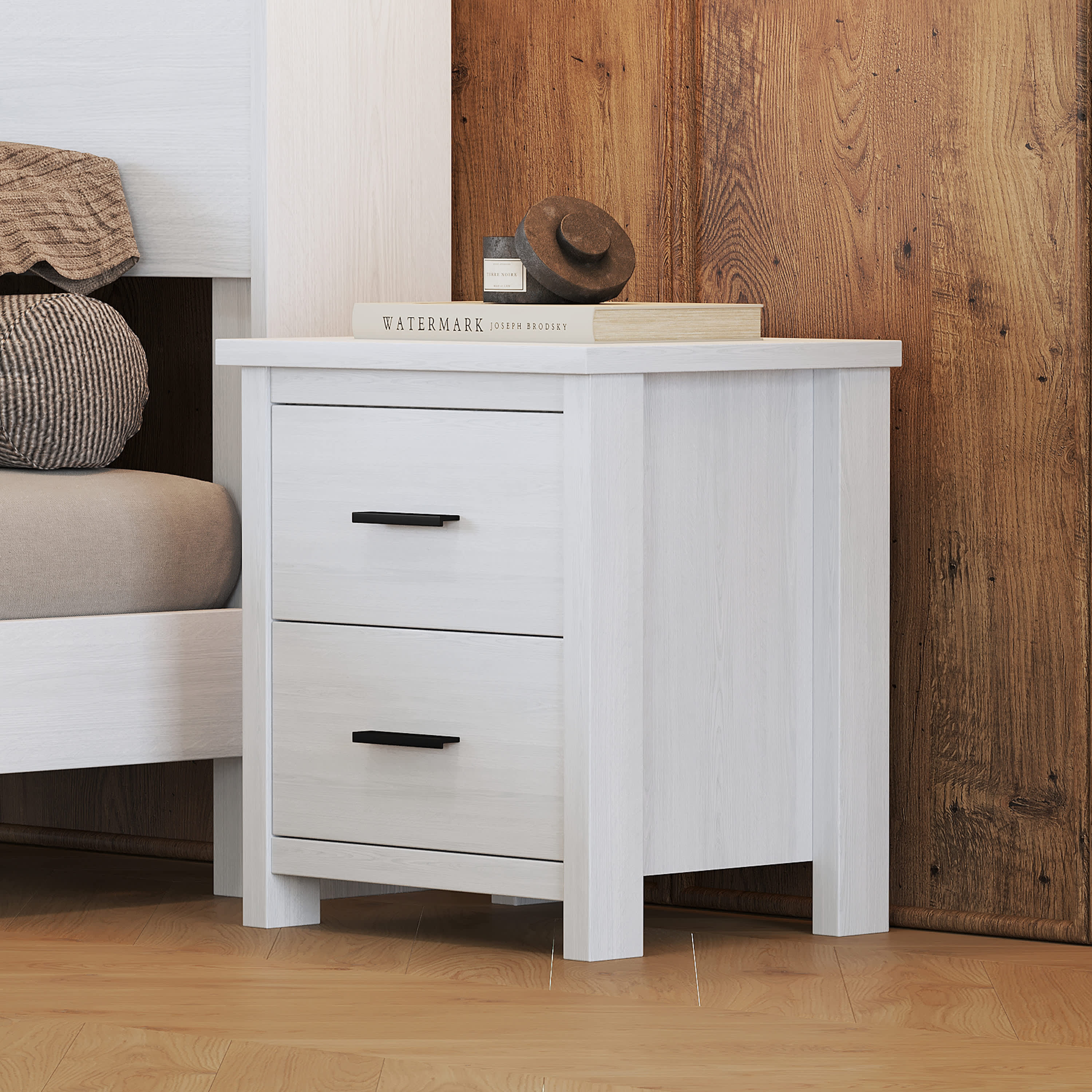 VERYKE LL-NSD007WH Vintage Simple Two Drawers Wooden Nightstand for Large Storage Space