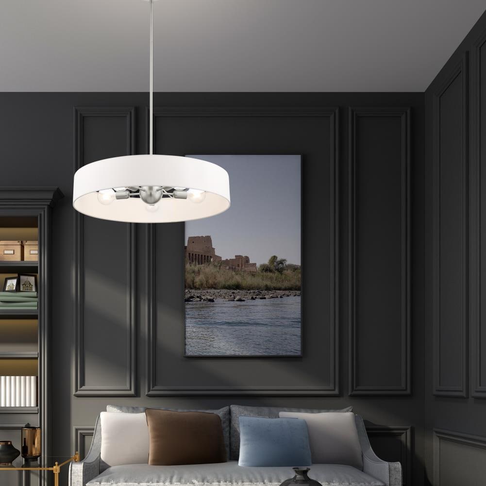 Elegant Brushed Nickel 5-Light Drum Pendant with Crystal Accents and Off-White Shade