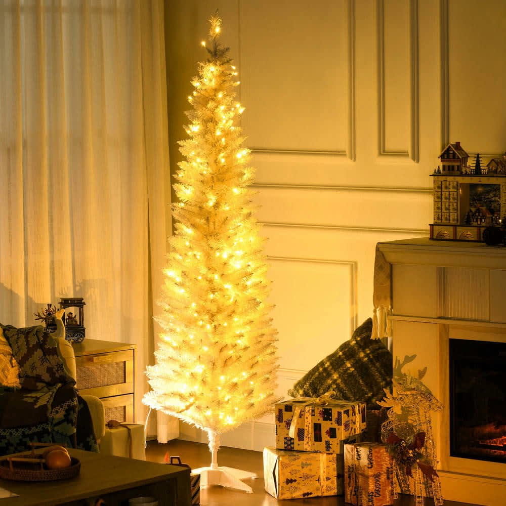 Choco Moon 6ft Slim Artificial Pencil Christmas Tree with Realistic Branches Warm White LED Lights White