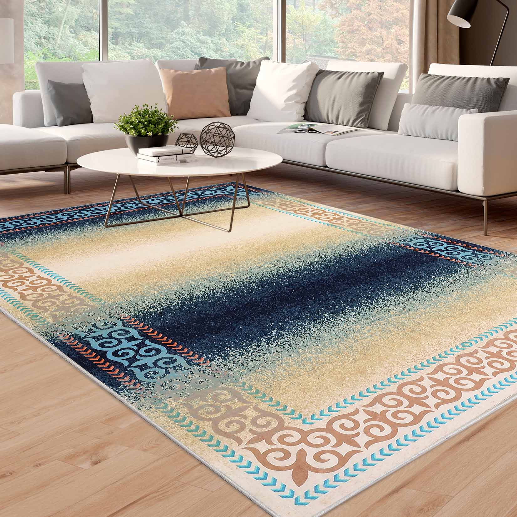 Garvee YXY-LO-PHO-13EMUPTG 9 x 12 (ft) Loomed Polyester Blue Rectangular Indoor Border Mid-Century Modern Machine washable Area rug