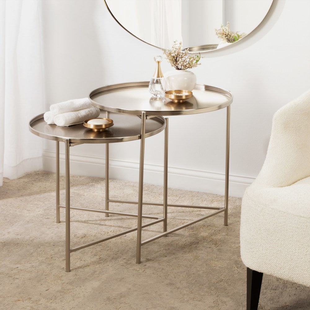 Ulani Satin Silver Nesting Metal Side Tables, Set of 2