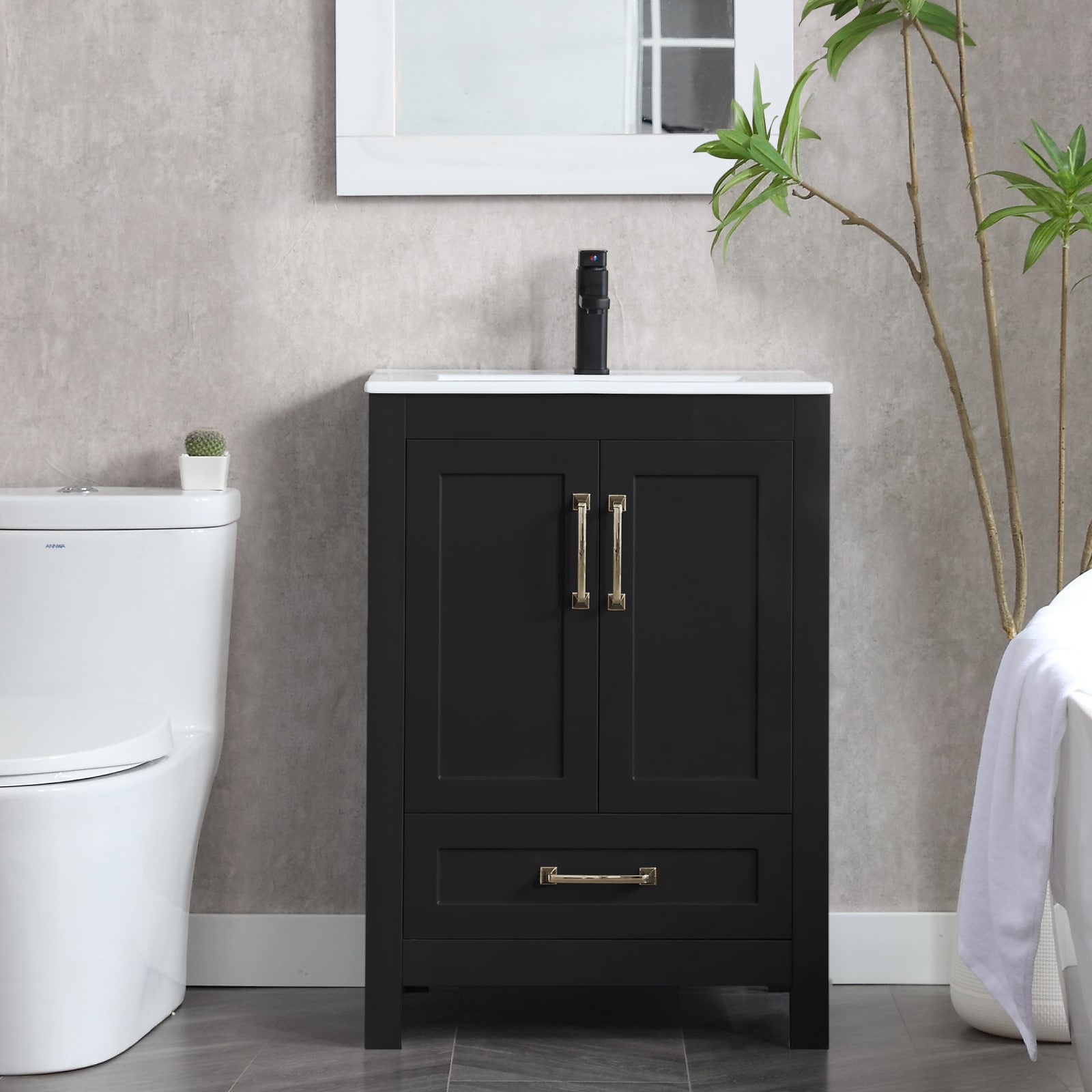 eclife 24 inch Black Single Sink Bathroom Vanity with White Integrated Ceramic Top