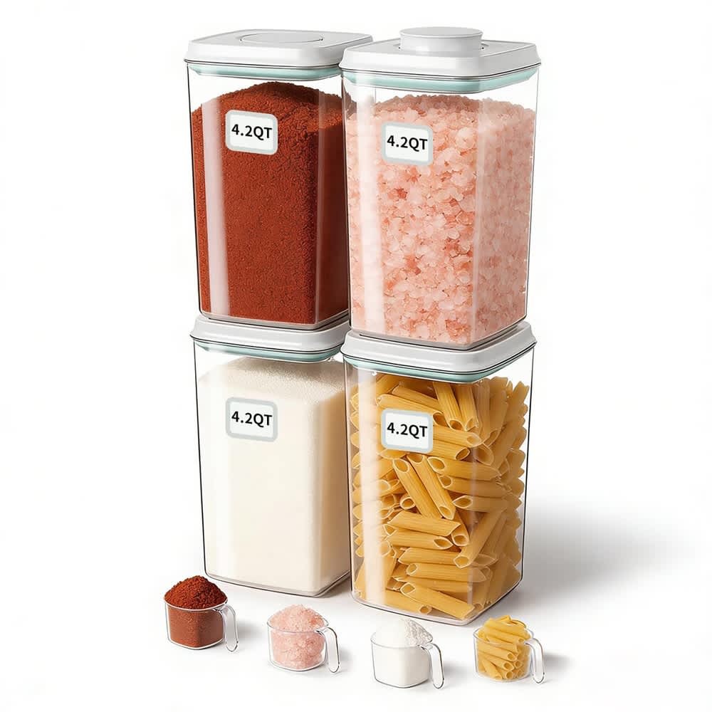Aoibox  4 Pack 4.22 Quart Airtight Food Storage Containers PET Plastic Stackable One Touch Lid Bulk Pantry Organizer for Flour Rice Pasta Sugar