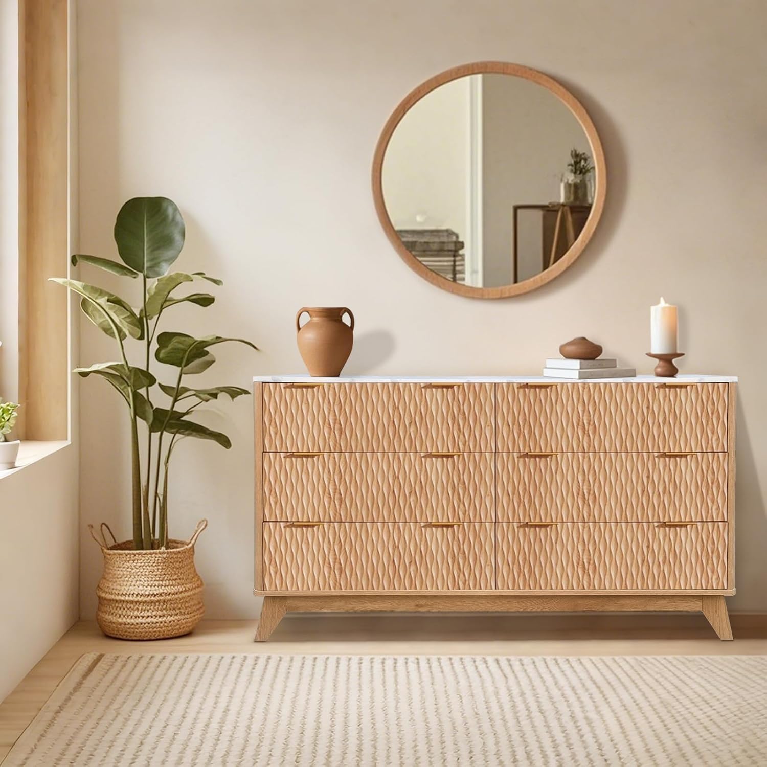 Qeetex LSDIBPHO33TJCAQV Fluted Six Drawer Wood Dresser with Faux Marble Top for Bedroom Living Room Hallway and Entryway