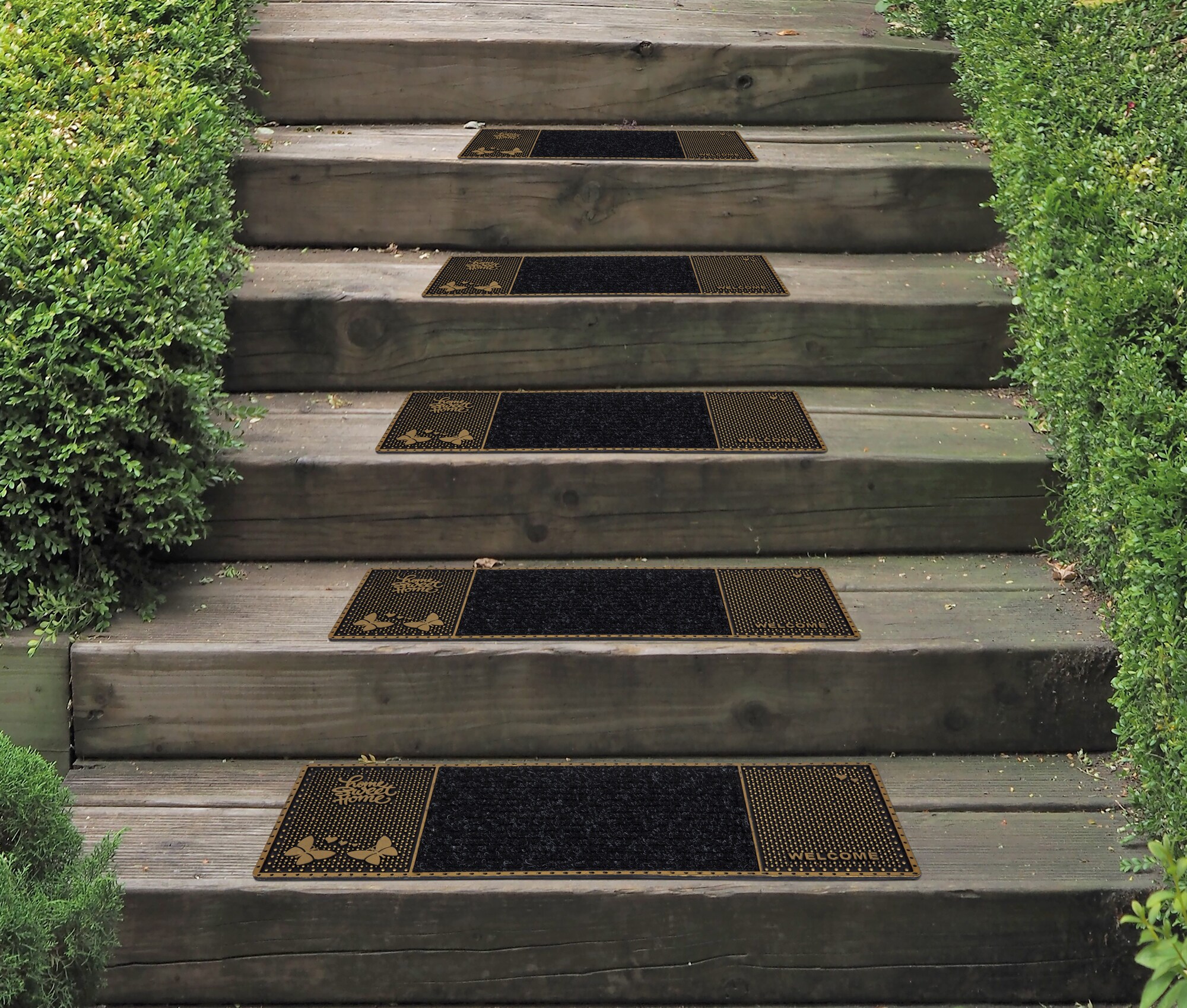Ottomanson RSR1011-5 Rubber 1 x 3 (ft) Loomed Rubber Black/Gold Rectangular Indoor/Outdoor Industrial Stair tread rug