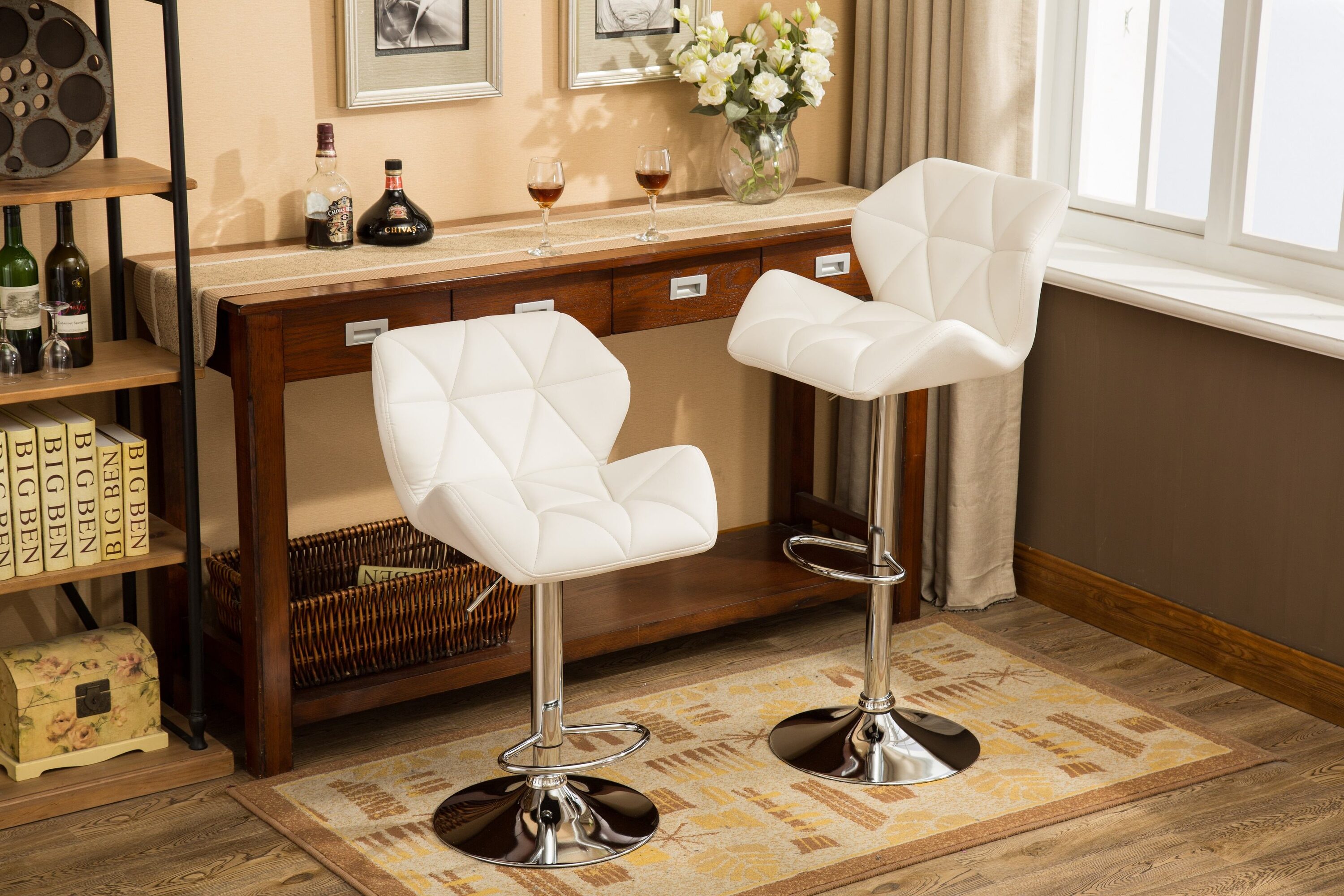Dexmalle T2574P164868 White Set of 2 Contemporary Tufted Adjustable Height Hidraulic Bar Stools