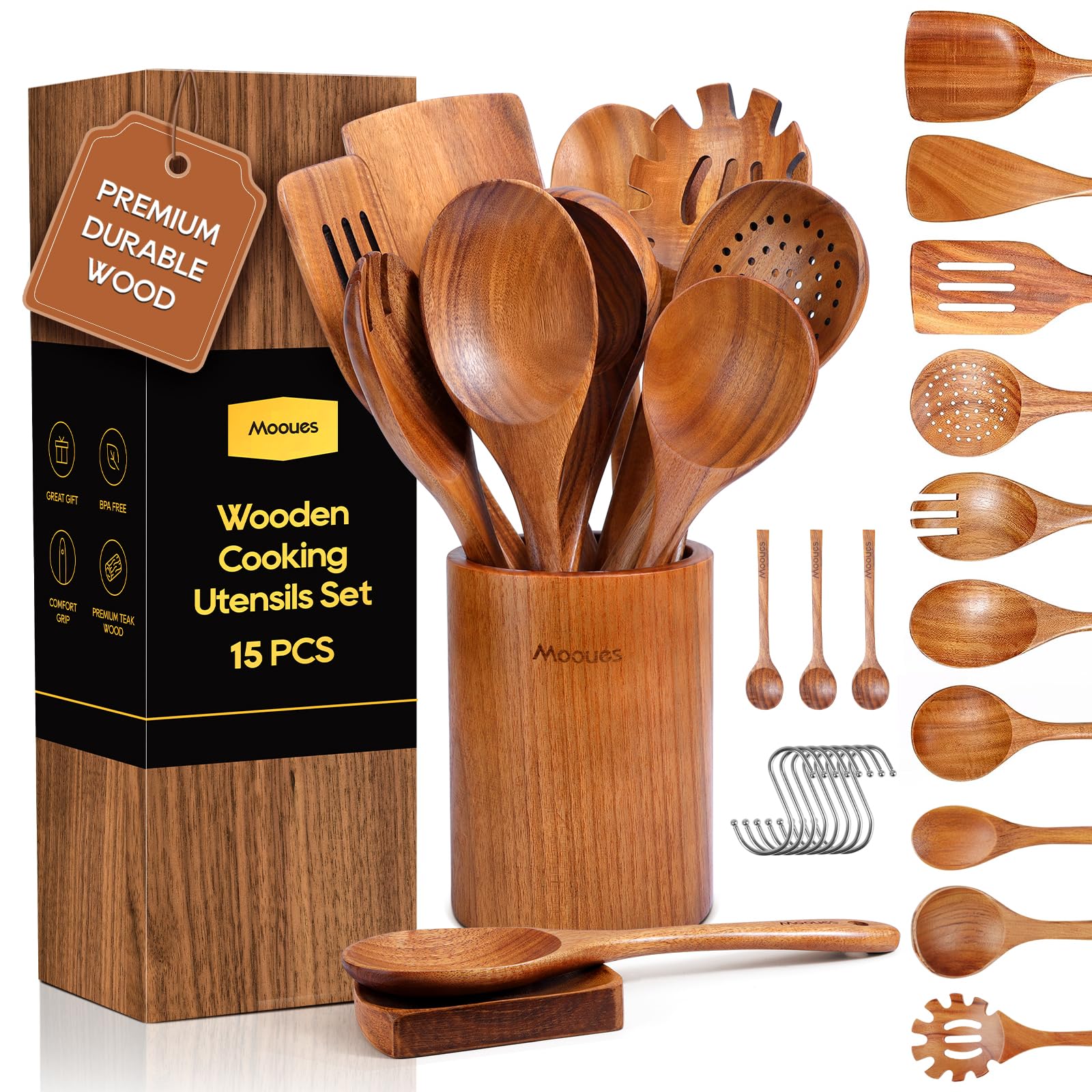 Mooues 15 Piece Wooden Cooking Spoon Set Natural Teak Kitchen Utensil Set Comfortable Handles #02YMGAUSU-15P