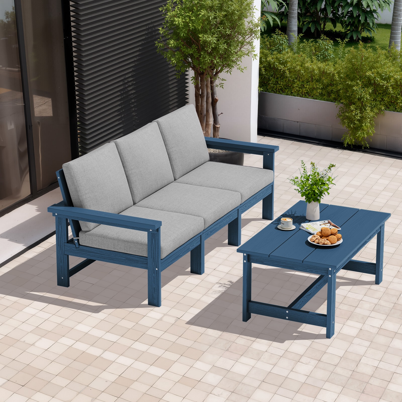 VOUA ZHSF04-NG HDPE Patio 3-Seater Sofa Set with Coffee Table 2 -Piece Patio Sofa Conversation Set with Gray Cushions