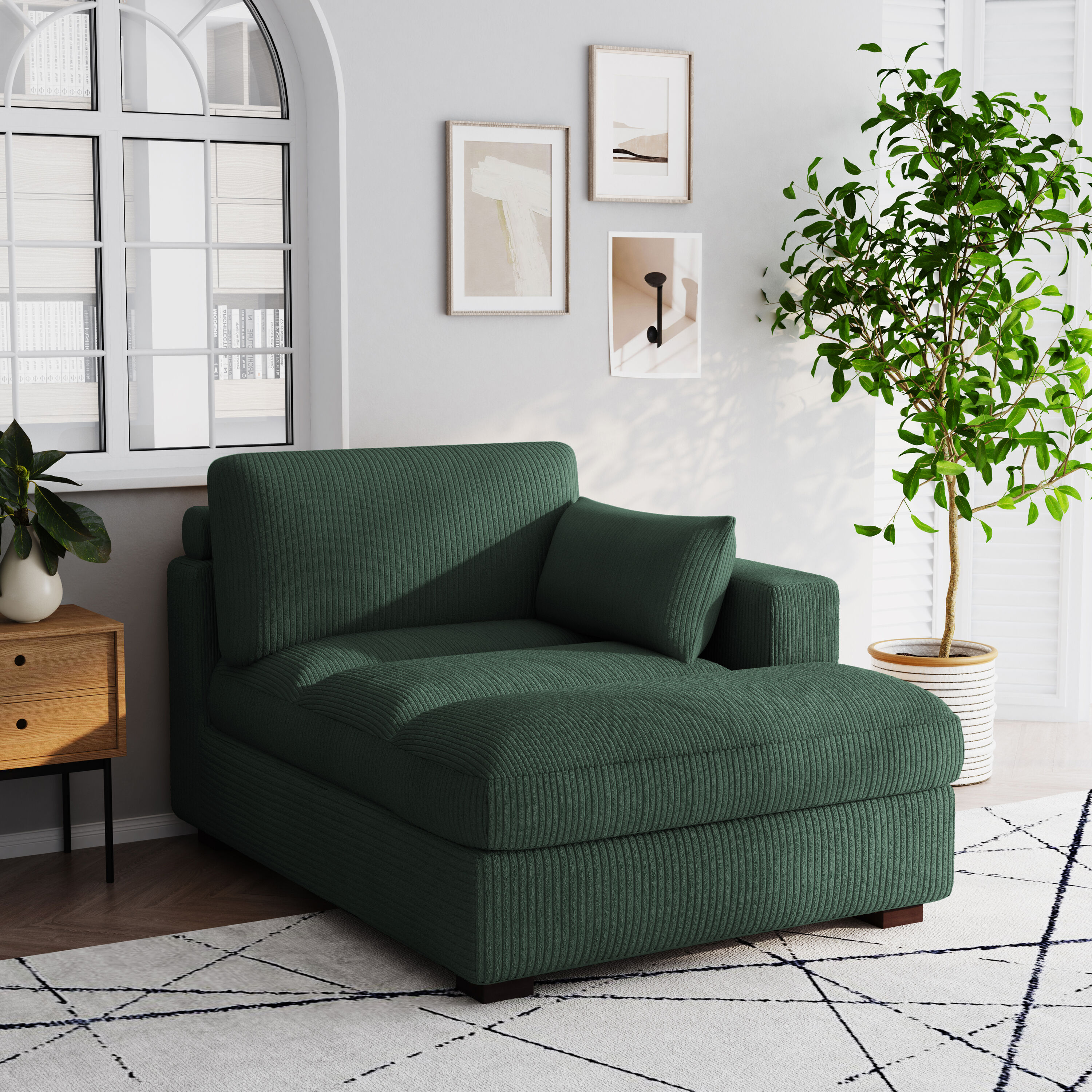 Dreamsidea Plush Upholstered Corduroy Lounge Chaise with Pillow Right Facing Hunter Green