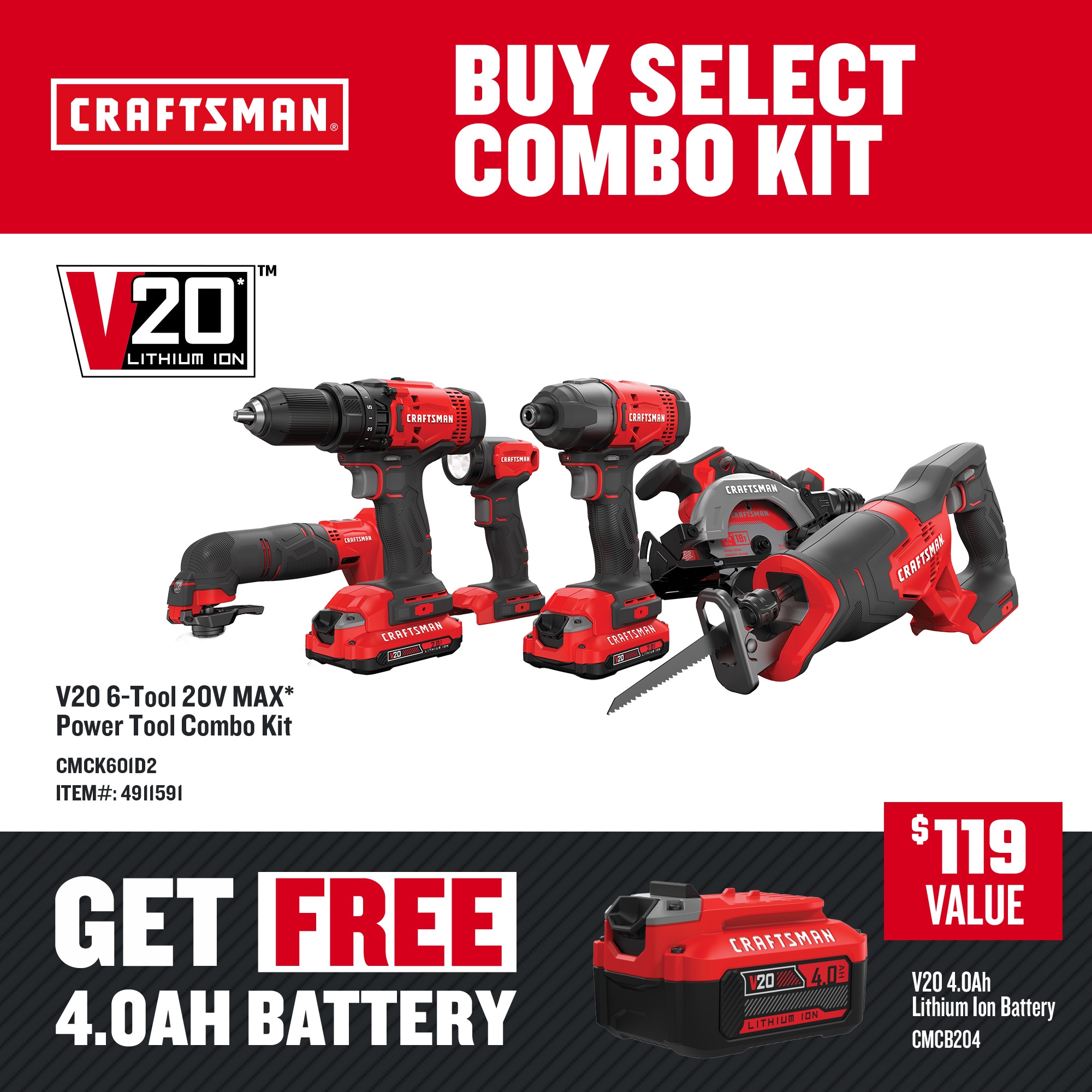 CRAFTSMAN 6-Tool Power Tool Combo Kit with Soft Case (Li-ion Batteries Included and Charger Included)