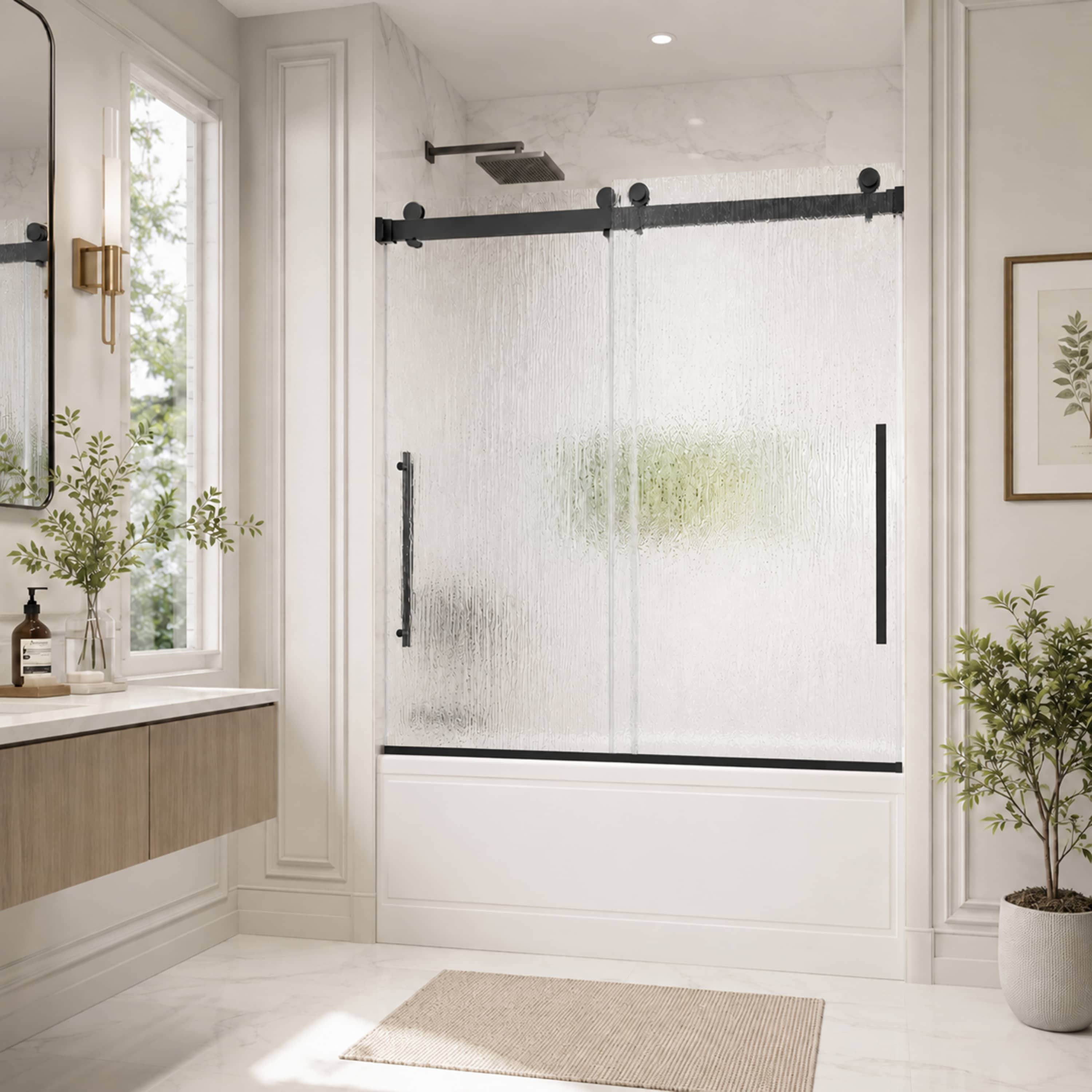 Velusian 56 - 60 in. W x 58 in. H Sliding Frameless Tub Door in Matte Black with 1/4 in. Tempered Rain Glass