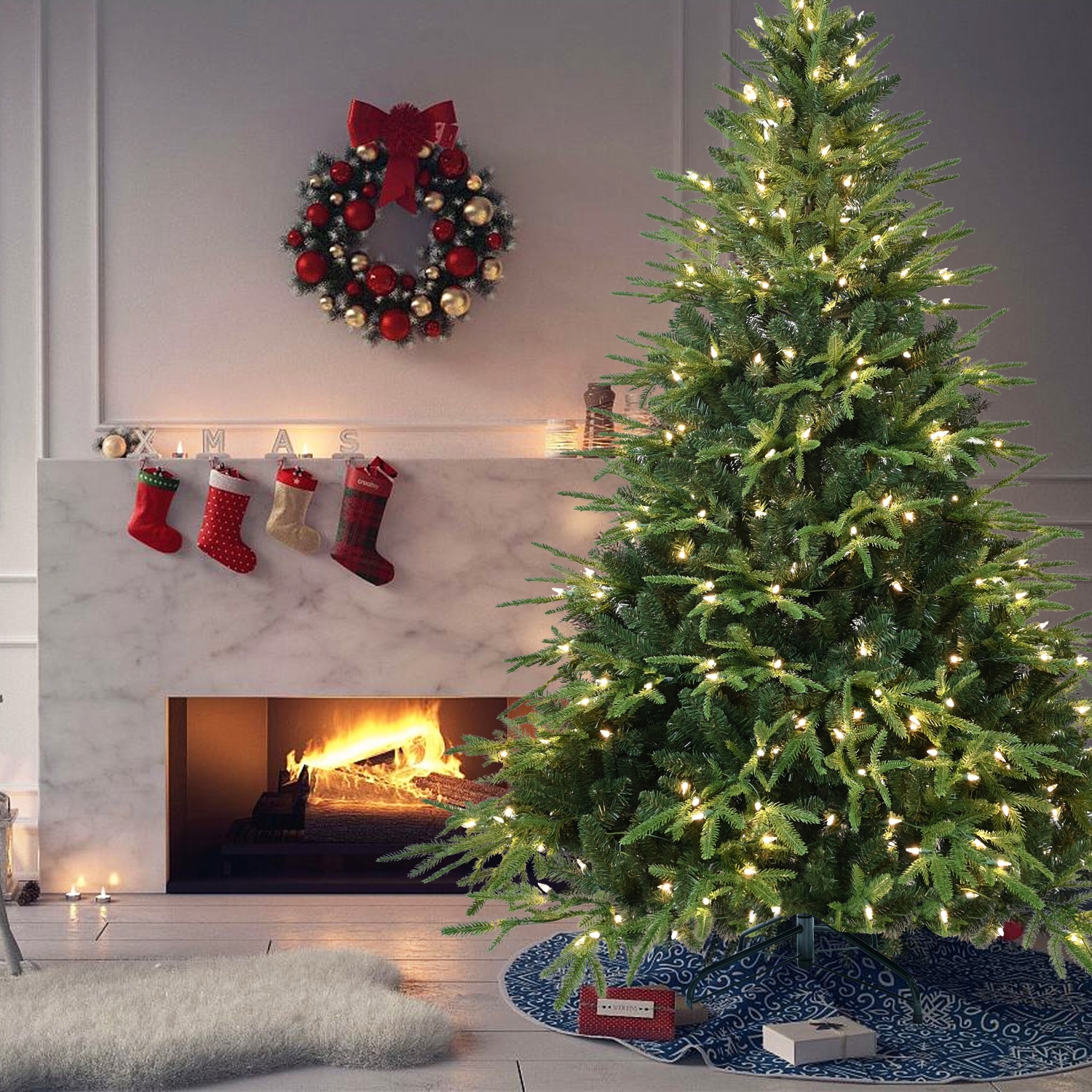 LUCKY ONE 6.5ft Premium Pre-Lit Artificial Christmas Tree with 450 Warm White Lights and Foldable Stand