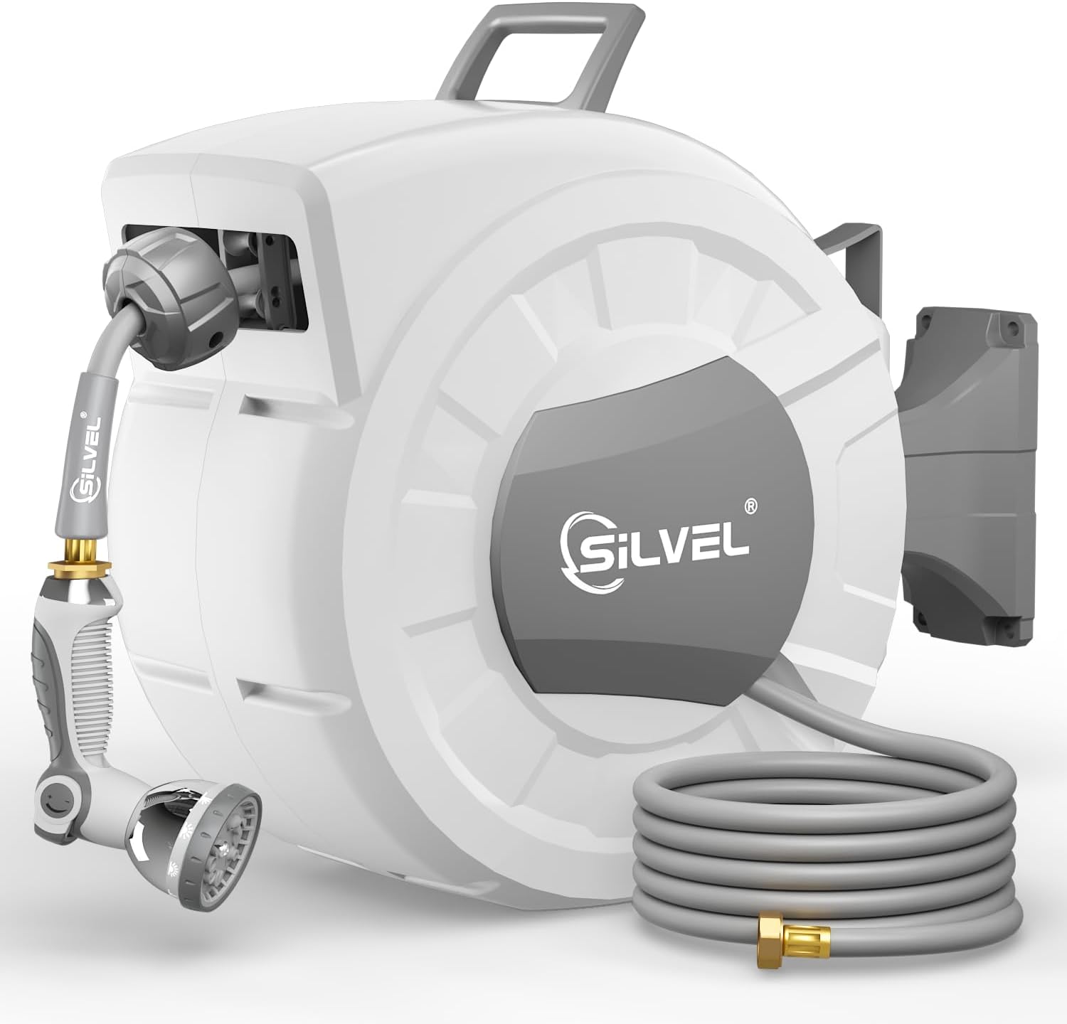 Silvel KF100276-01YGH Retractable Garden Hose Reel 1/2 in x 100 ft Wall Mounted Garden Hose Reel with 10 Pattern Nozzle Any Length Lock Slow Return System 180°Swivel Bracket