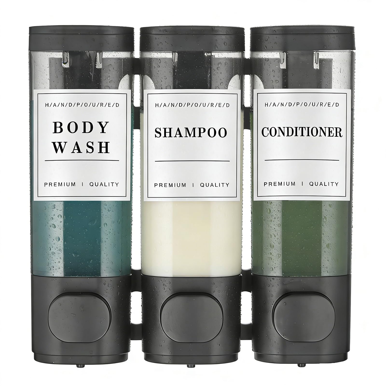 CYIKE  Shower Soap Dispenser Wall Mounted No Drill Shampoo Dispenser for Shower Wall with Three 300ml Chambers Black with Labels