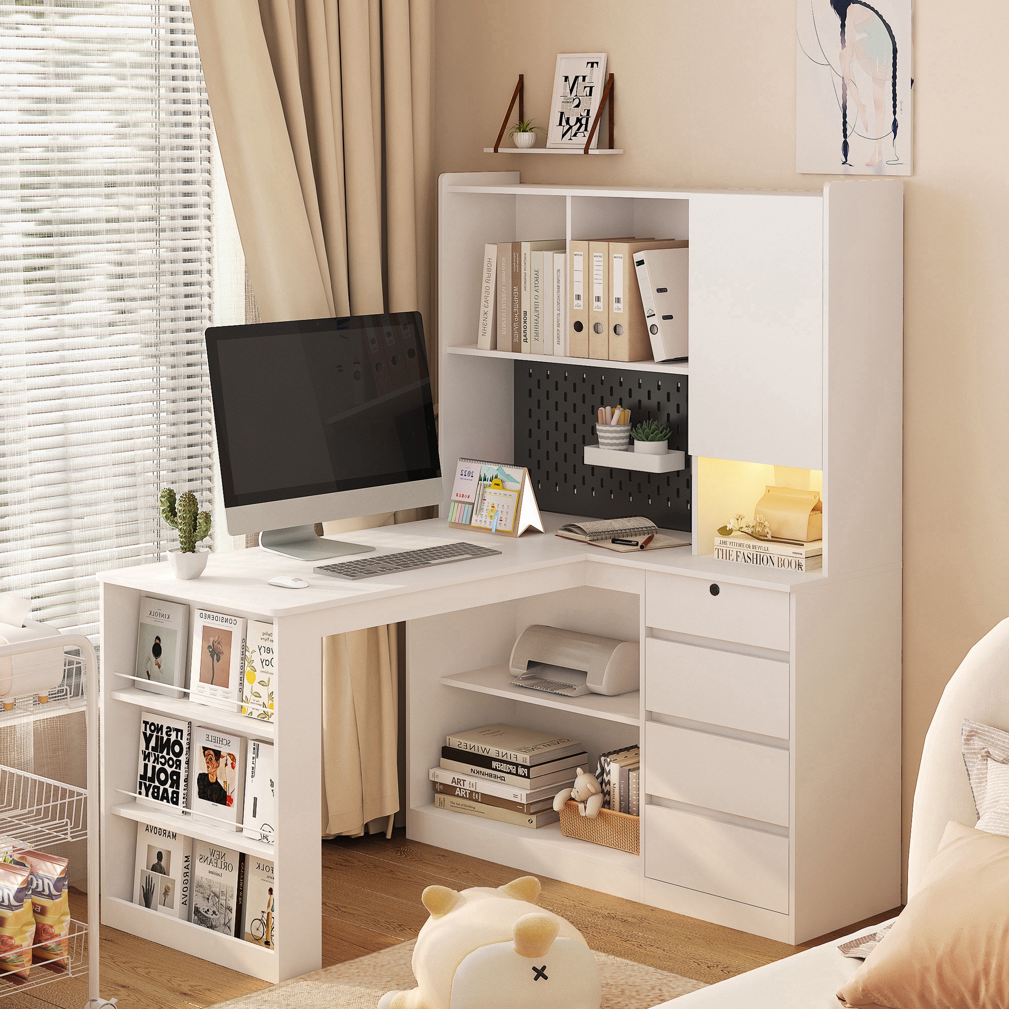 Lirago 59 in L Shaped Computer Desk with Charging Station Drawers Bookshelf and LED Light #FXL20609-604A706