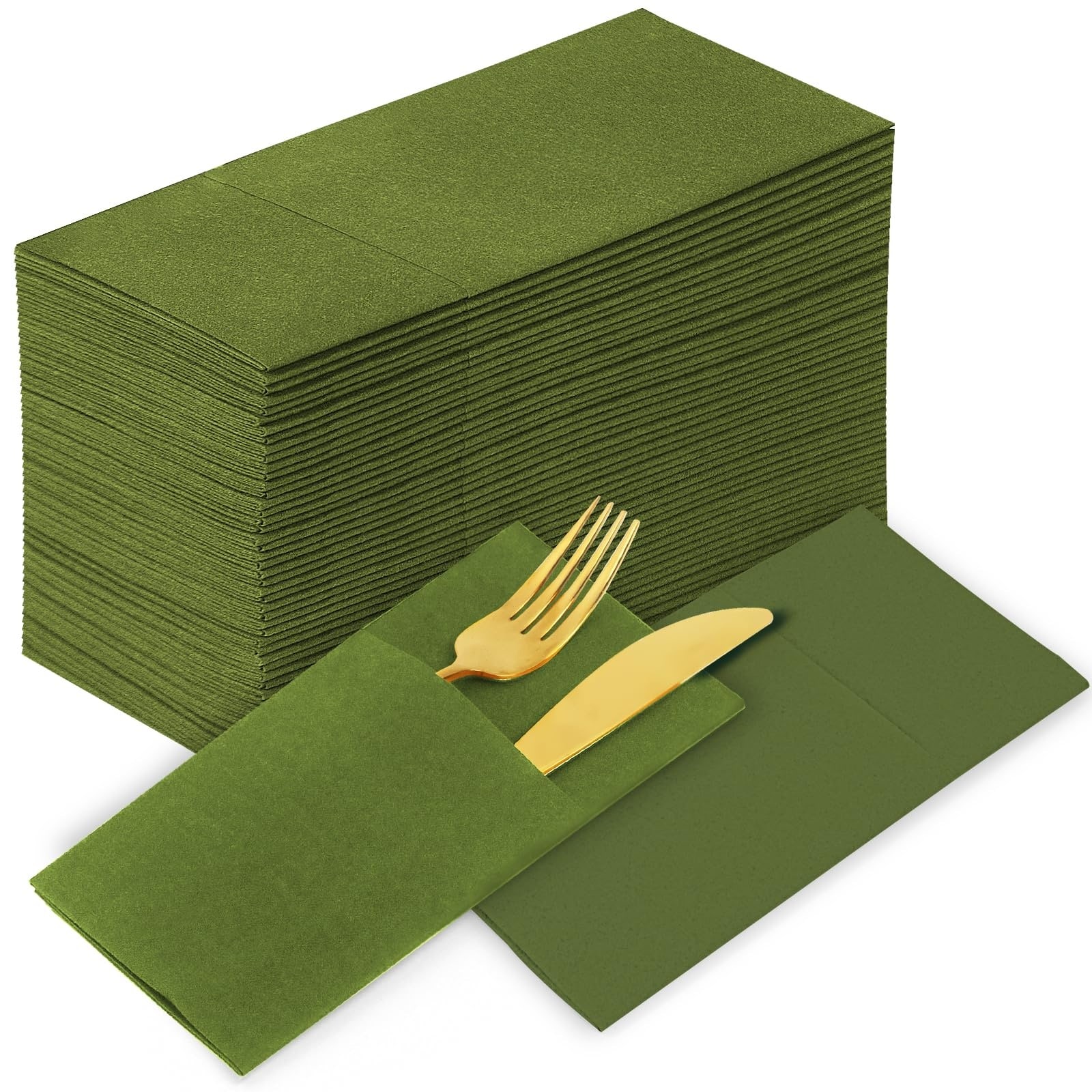 Lukvuzo  Matcha Green Disposable Dinner Napkins with Pocket Cloth Like Paper Guest Hand Towels 100 pack Soft Absorbent for Wedding Party Bathroom