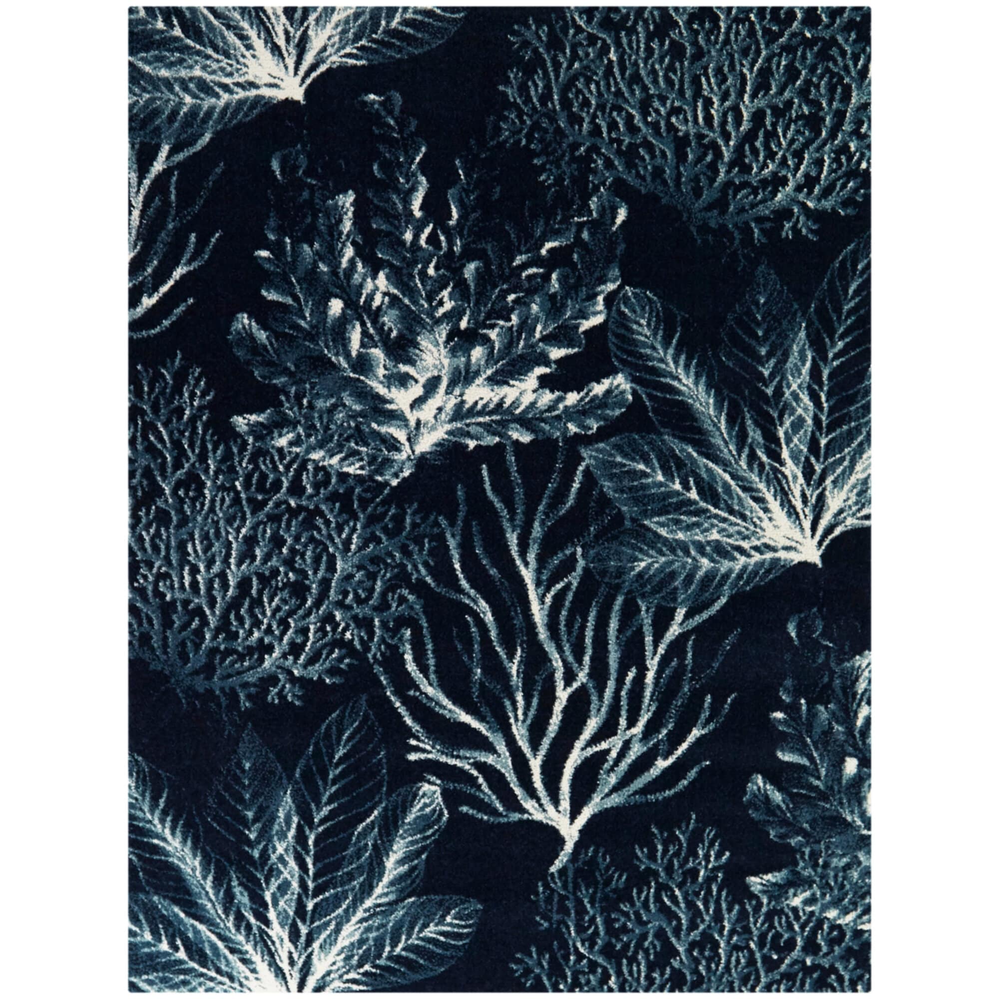 Navy Blue Synthetic Rectangular Tropical Botanical Area Rug