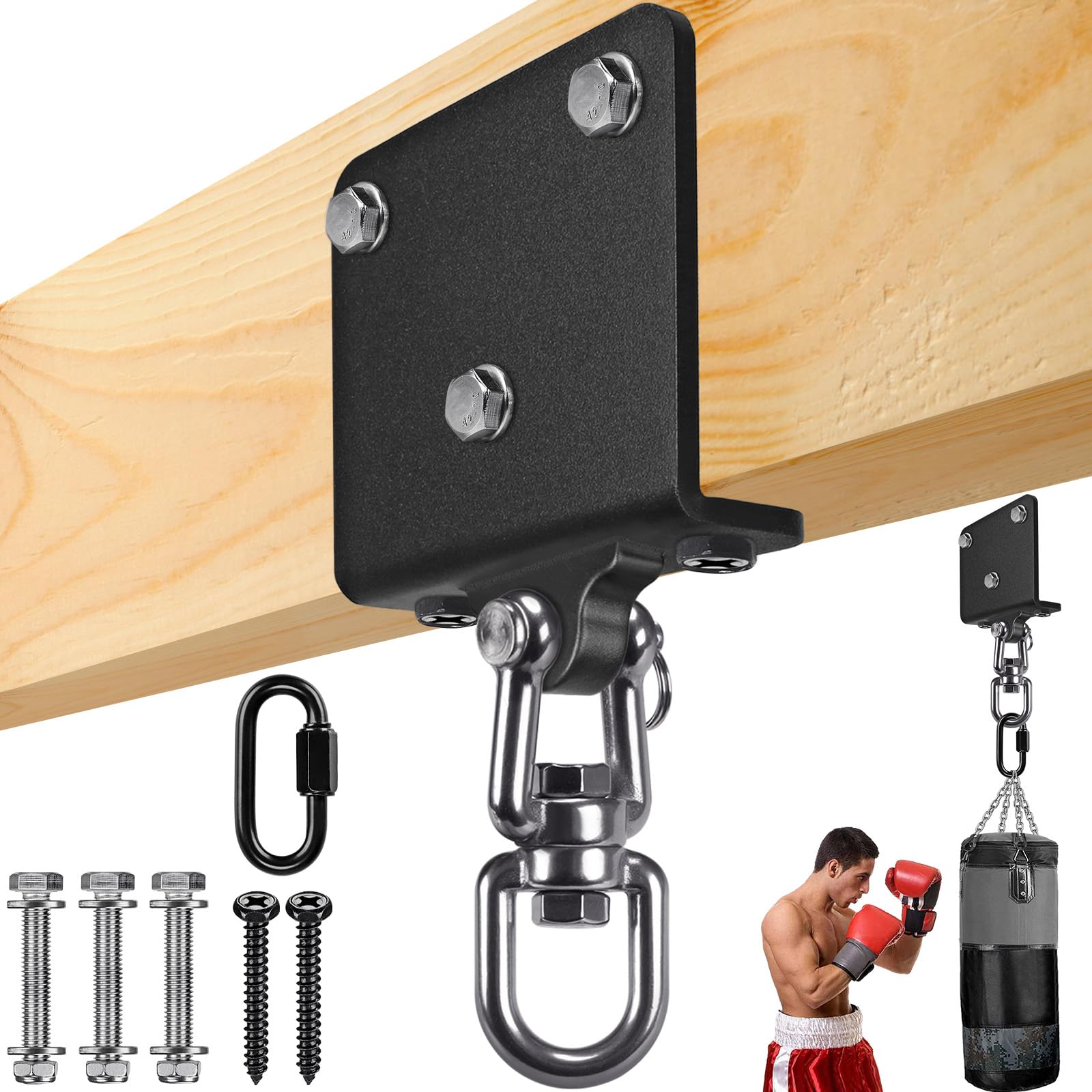 Wudkey Heavy Duty Punching Bag Hanger with 360 Degrees Swivel I-Beam and Wood Beam Mount Hook for Boxing Training Aerial Yoga Hammock and Fitness Equipment