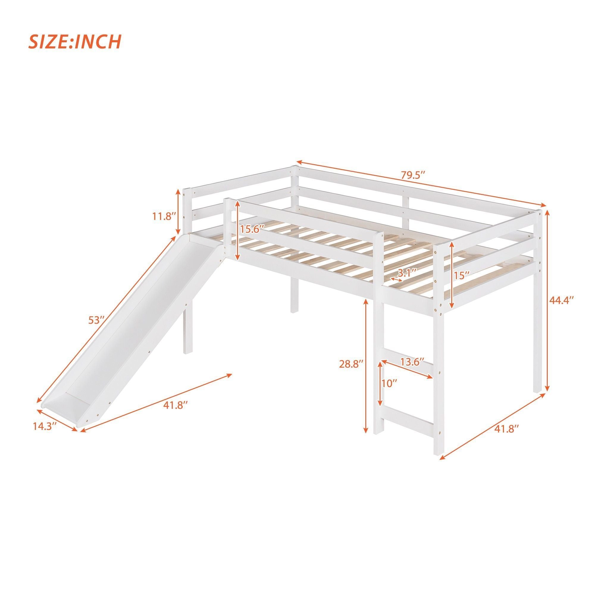 Yiekholo White Twin Loft Bed with Slide, Low Height, Solid Wood