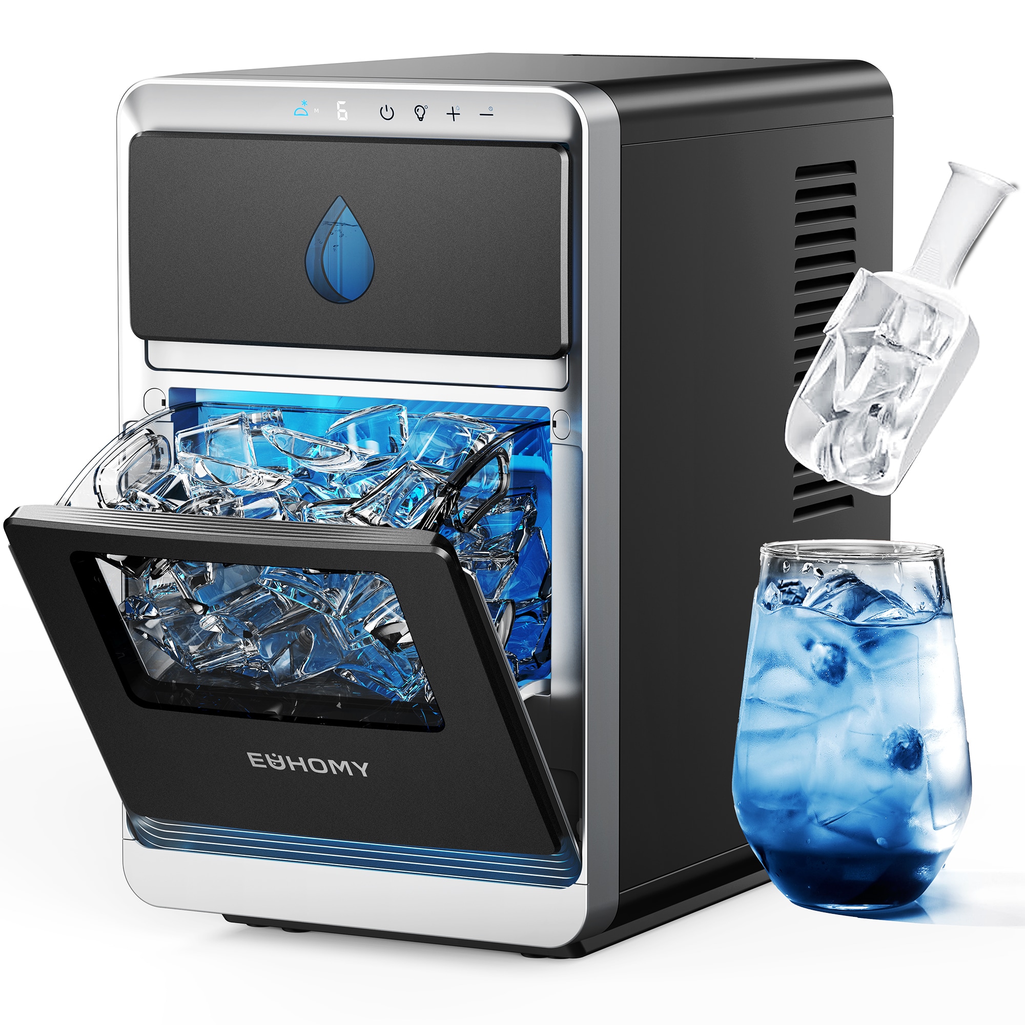 Euhomy IM022-LBS-E-LS-SC 26lbs Per Day Countertop or Portable Moon-shaped Ice Maker in Black with Ice Scoop and Self-Cleaning
