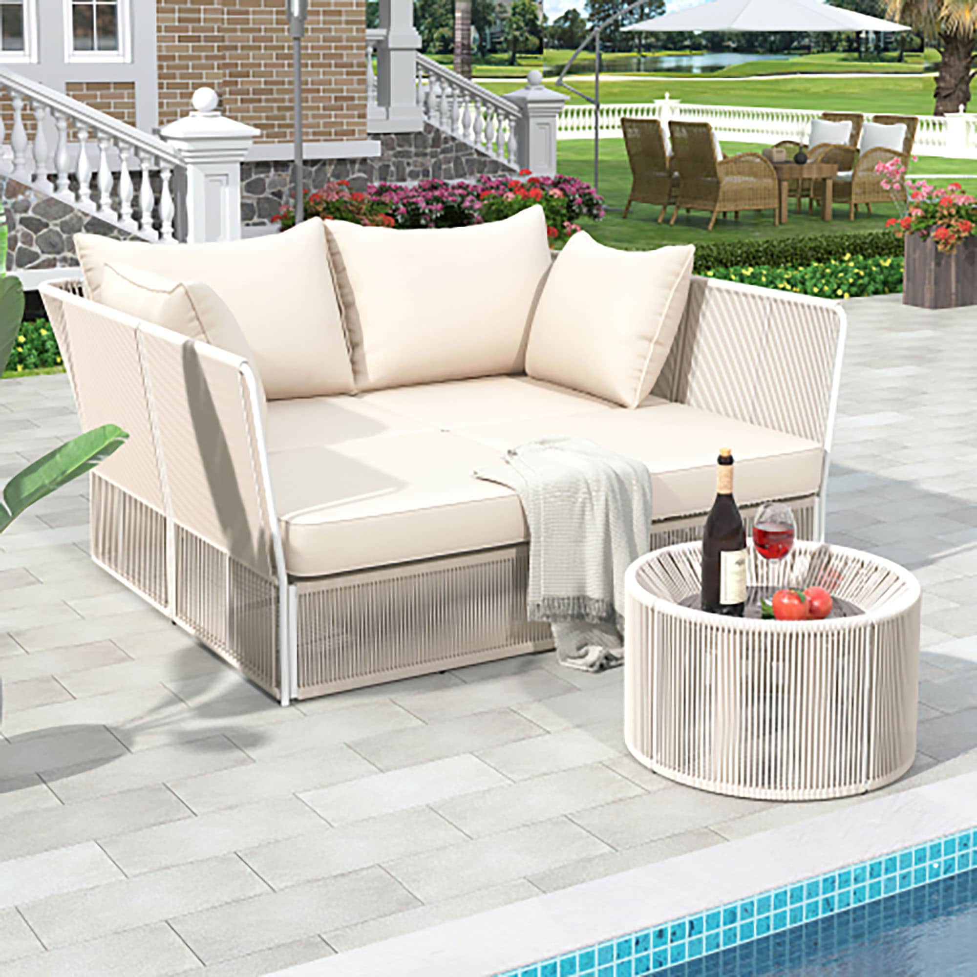 Forclover ALTR-02BE 2 -Piece Patio Sofa Conversation Set with Off-white Cushions